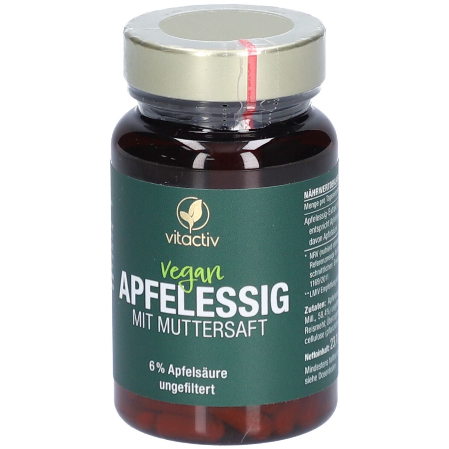 Braune Flasche mit grüner Etikette. Aufschrift: vitactiv Vegan Apfelessig mit Muttersaft. 6% Apfelsäure, ungefiltert.