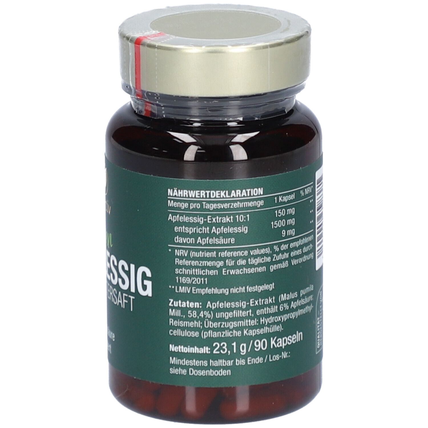 Produktflasche mit Text. Text: Nährwertdeklaration. Apfelessig-Extrakt 10:1, entspricht Apfelessig, davon Apfelsäure. 90 Kapseln.