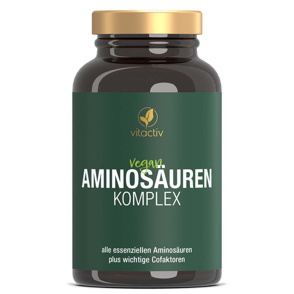 Braune Flasche mit grüner Etikette. Aufschrift: Vitactiv Aminosäuren Komplex vegan.