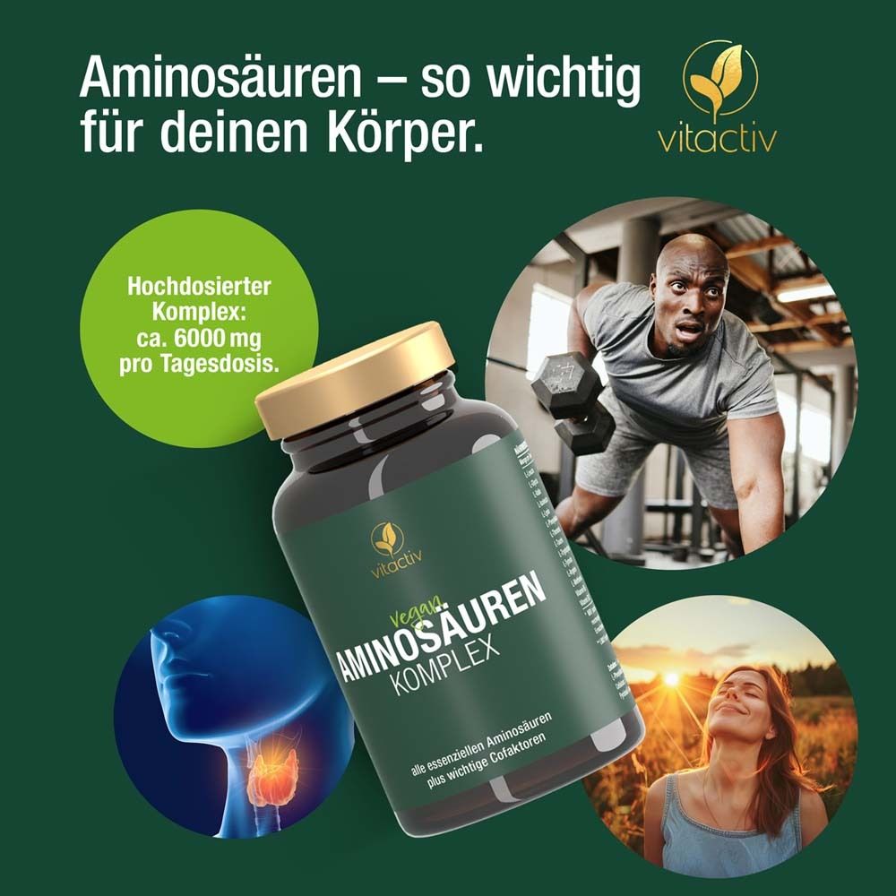Werbebild mit Flasche Vitactiv Aminosäuren Komplex, Sportler, und Frau. Text: Aminosäuren – so wichtig für deinen Körper.