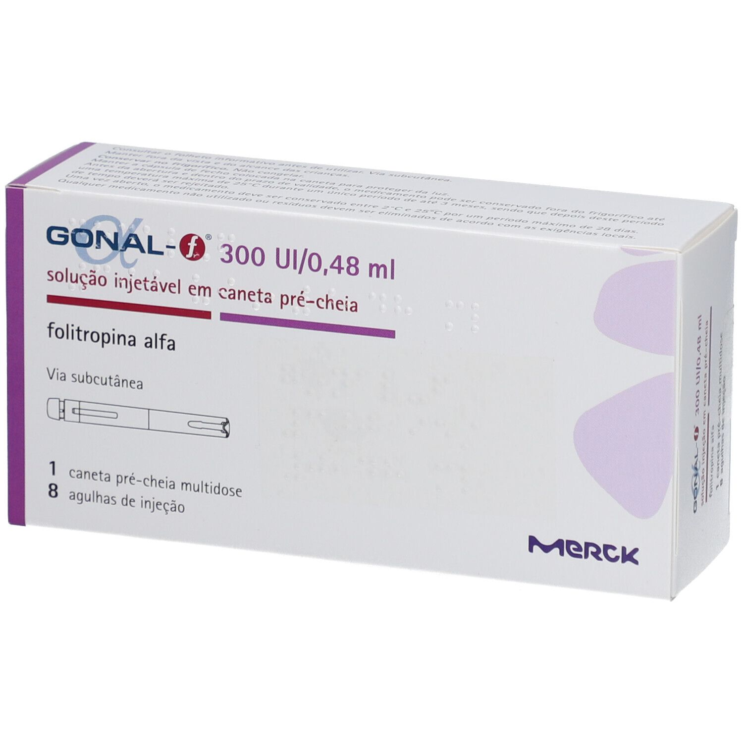 Packung GONAL-f 300 I.E./0,48 ml. Aufschrift: Injektionslösung, Fertigpen, 8 Nadeln. Hersteller Merck.