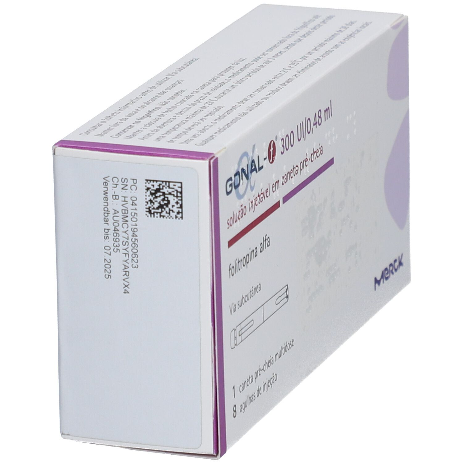 Schrägansicht der Packung GONAL-f. Aufdruck: 300 UI/0,48 ml, Injektionslösung. Hersteller Merck. Mit QR-Code.