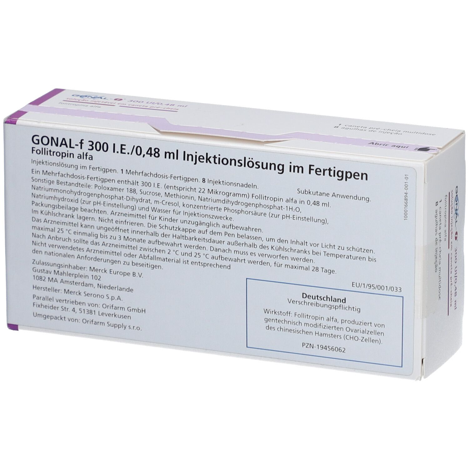 Packung GONAL-f 300 I.E./0,48 ml. Injektionslösung im Fertigpen. Enthält 8 Nadeln. Hersteller Merck.