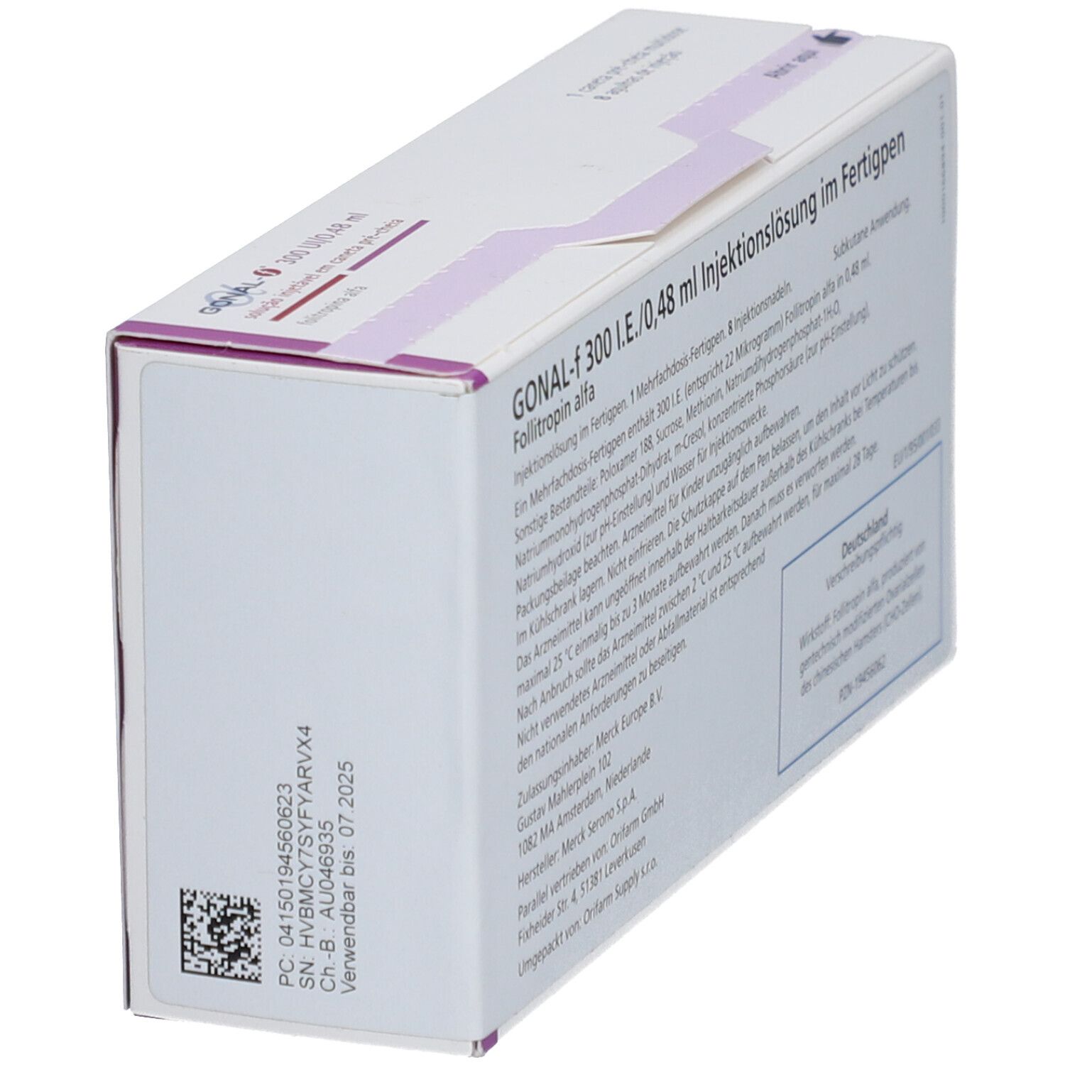 Schrägansicht der Packung GONAL-f. Aufdruck: 300 I.E./0,48 ml Injektionslösung im Fertigpen. Hersteller Merck.
