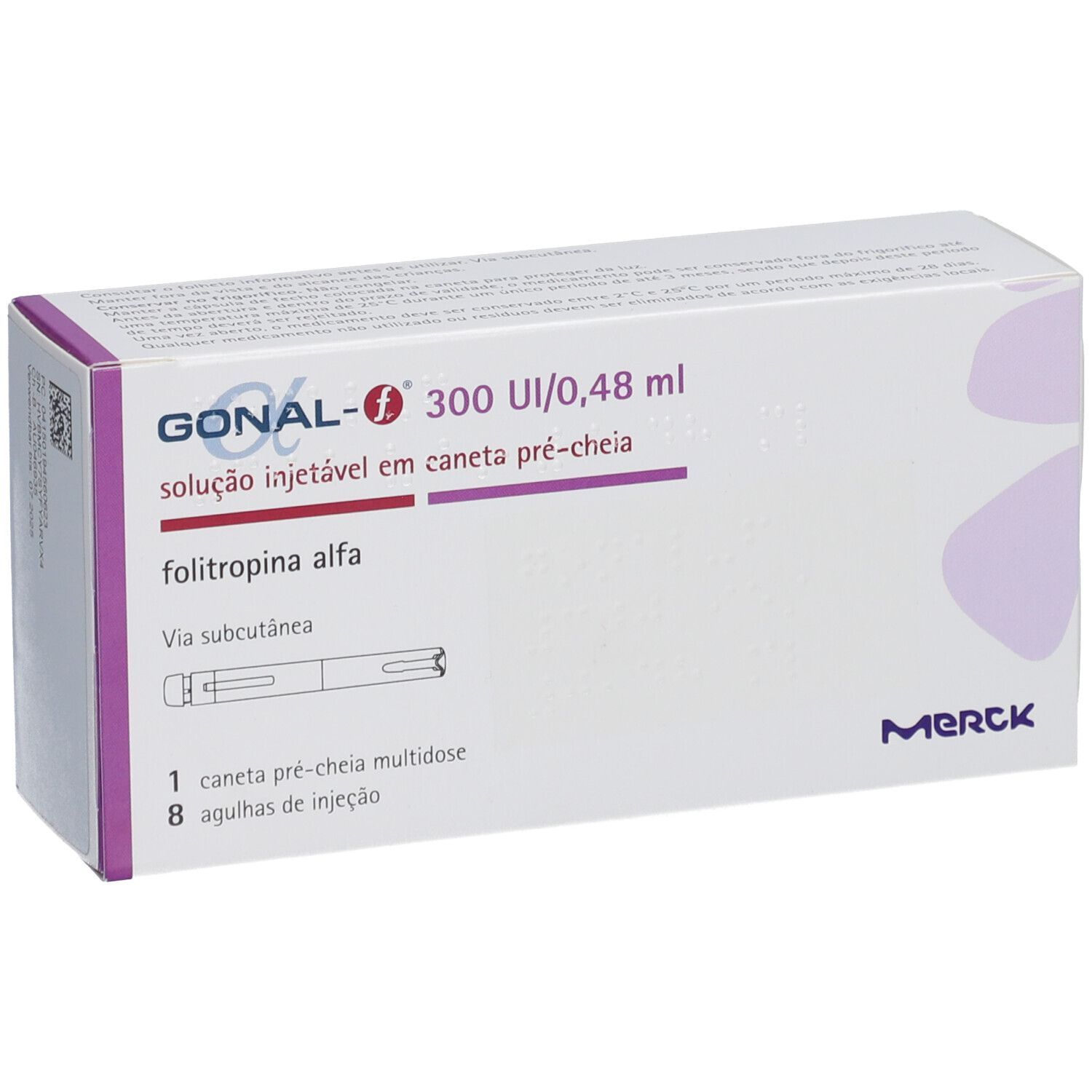 Packung GONAL-f 300 UI/0,48 ml. Injektionslösung in Fertigpen. Hersteller Merck. Enthält 8 Nadeln.