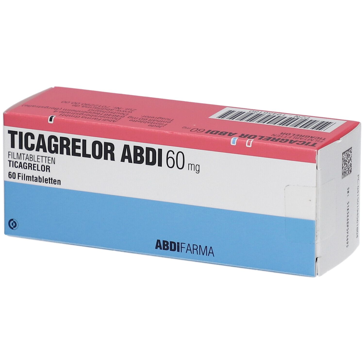 Schachtel mit TICAGRELOR ABDI 60 mg Filmtabletten. Rosa Deckel, blauer Boden, weiße Mitte. ABDI Pharma Logo.