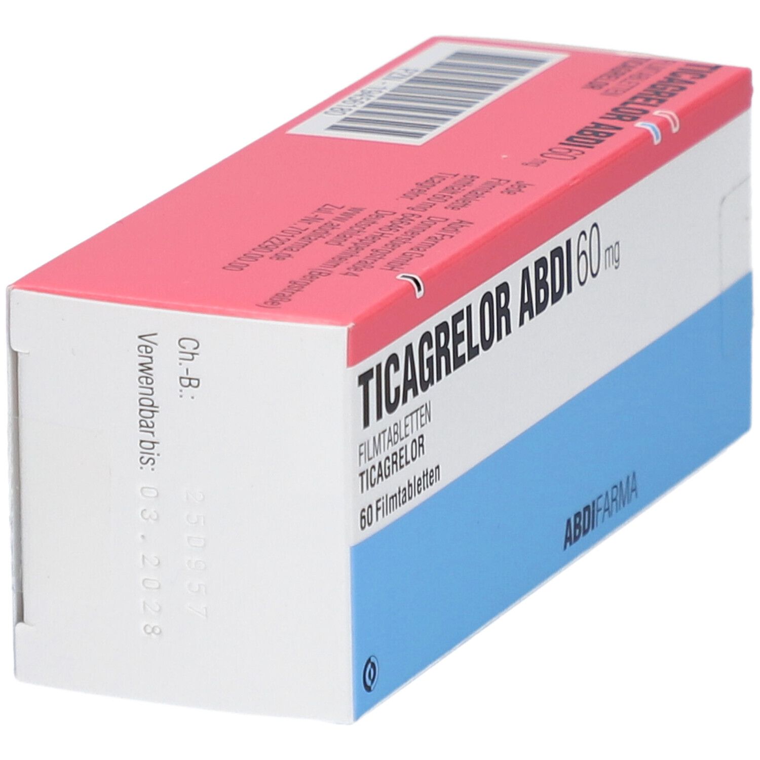 Schachtel mit TICAGRELOR ABDI 60 mg Filmtabletten. Rosa Deckel, blauer Boden, weiße Mitte. Verfallsdatum 03.2028.