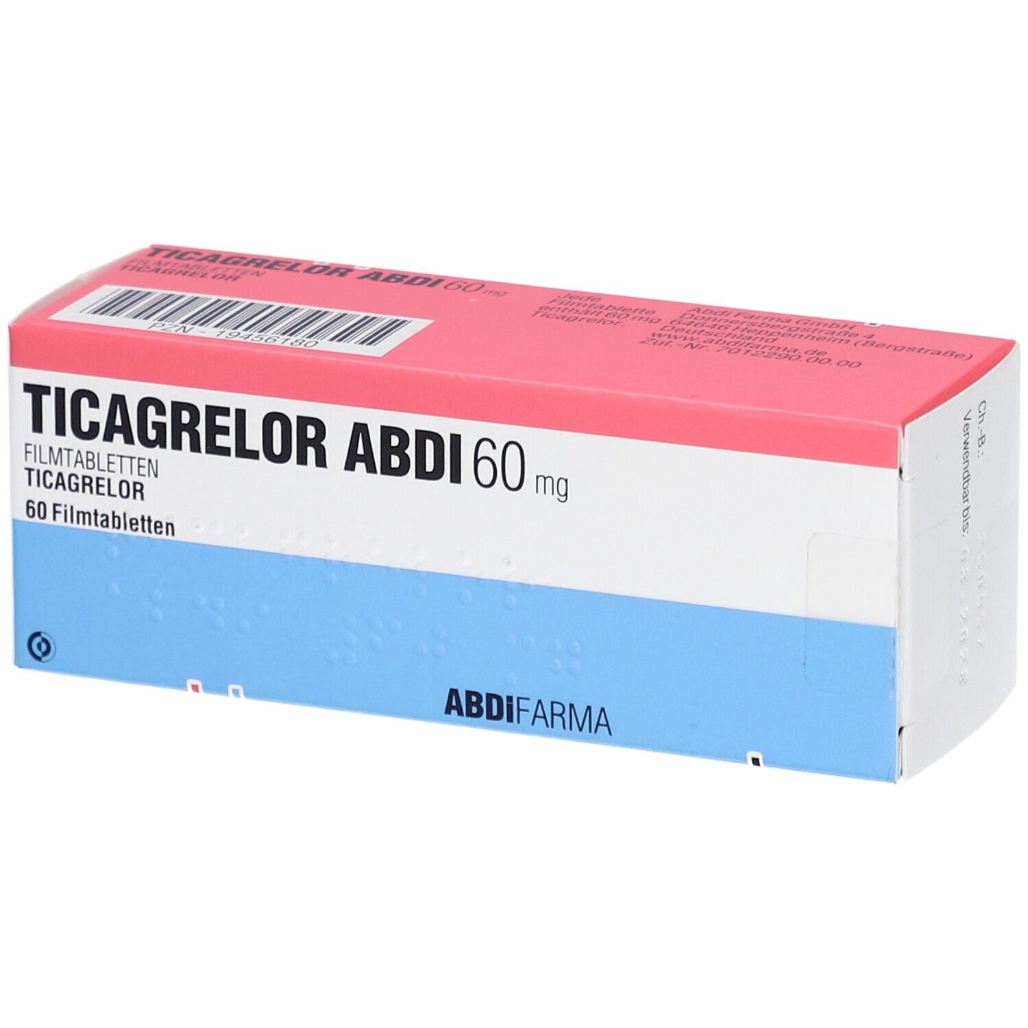 Schachtel mit TICAGRELOR ABDI 60 mg Filmtabletten. Rosa Deckel, blauer Boden, weiße Mitte. ABDI Pharma Logo.