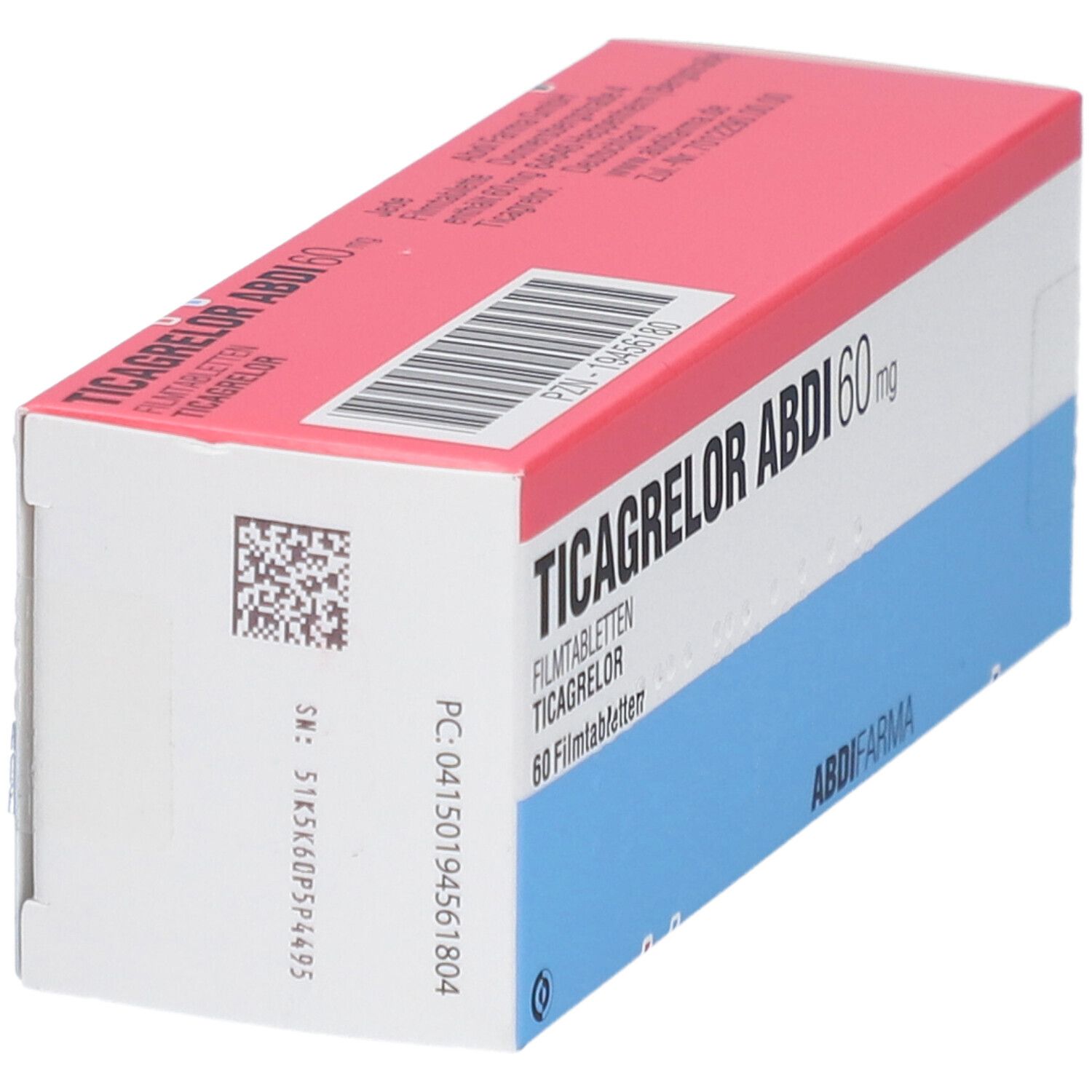 Schachtel mit TICAGRELOR ABDI 60 mg Filmtabletten. Rosa Deckel, blauer Boden, weiße Mitte. Barcode und QR-Code.