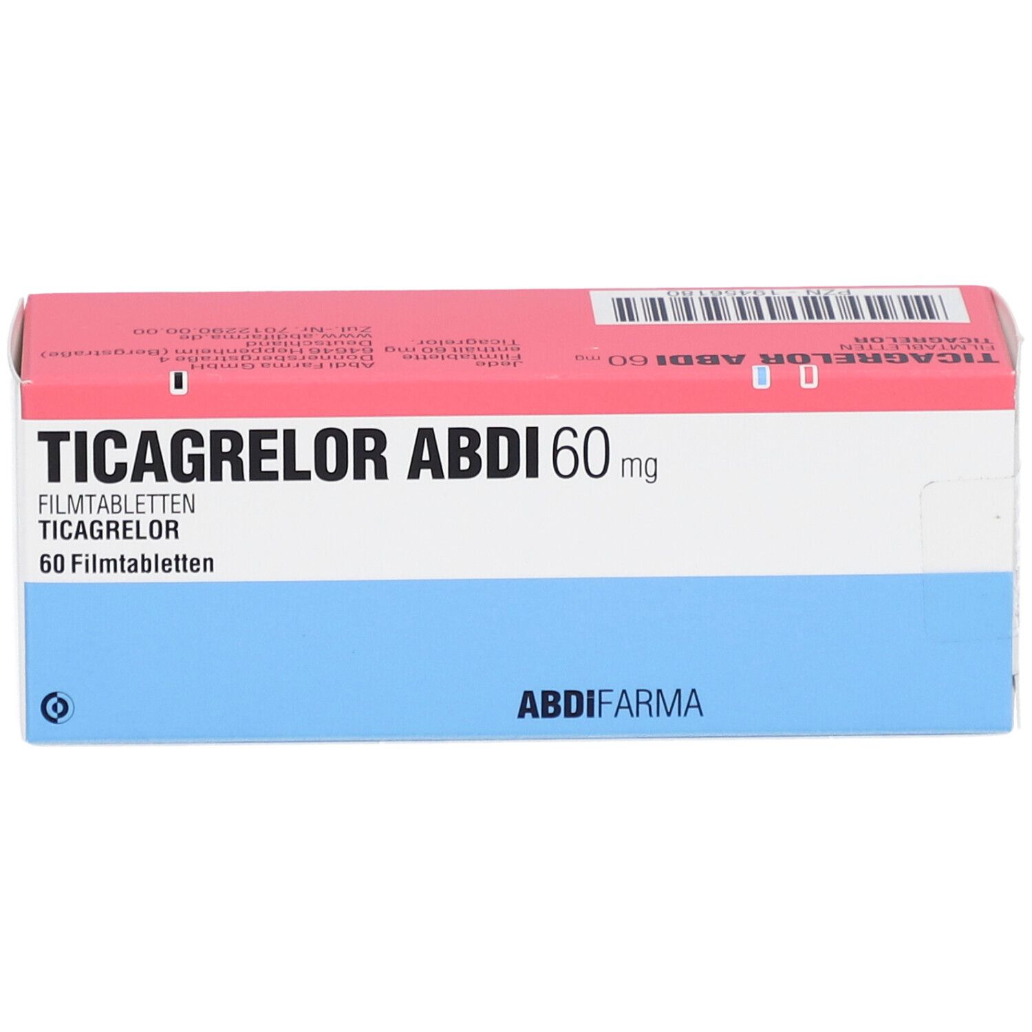 Schachtel mit TICAGRELOR ABDI 60 mg Filmtabletten. Rosa Deckel, blauer Boden, weiße Mitte. ABDI Pharma Logo.