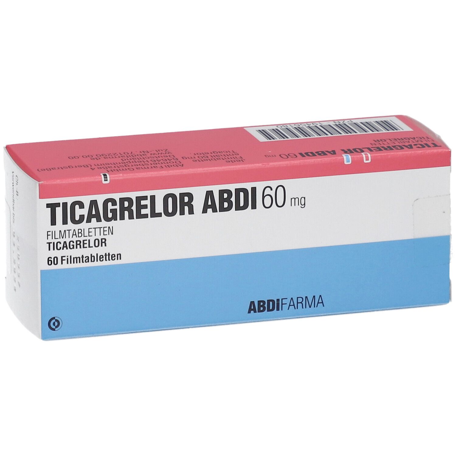 Schachtel mit TICAGRELOR ABDI 60 mg Filmtabletten. Rosa Deckel, blauer Boden, weiße Mitte. ABDI Pharma Logo.