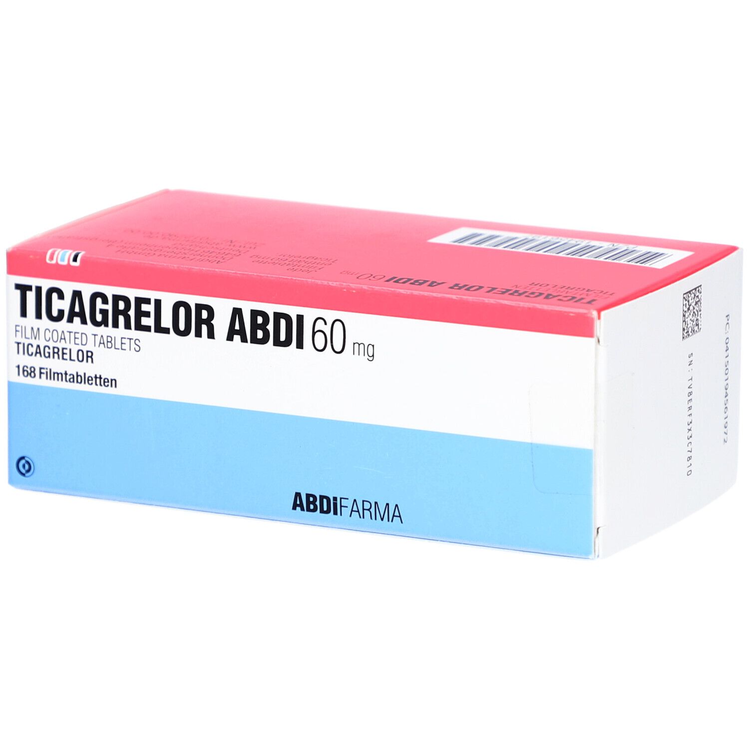 Schachtel TICAGRELOR ABDI 60 mg Filmtabletten. Rote und blaue Verpackung. Aufschrift: 168 Filmtabletten.