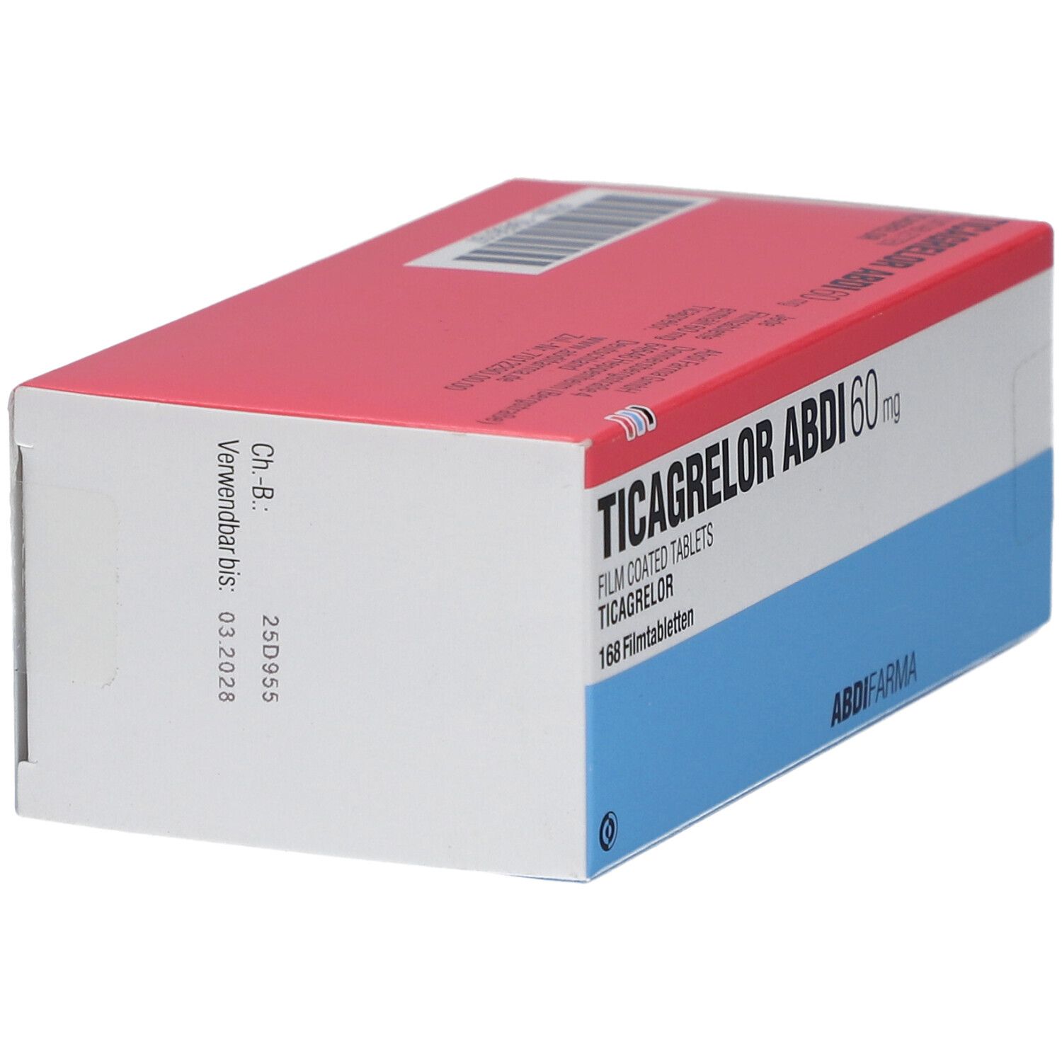 Schachtel TICAGRELOR ABDI 60 mg. Rote und blaue Verpackung. Aufschrift: 168 Filmtabletten. Verfallsdatum 03.2028.