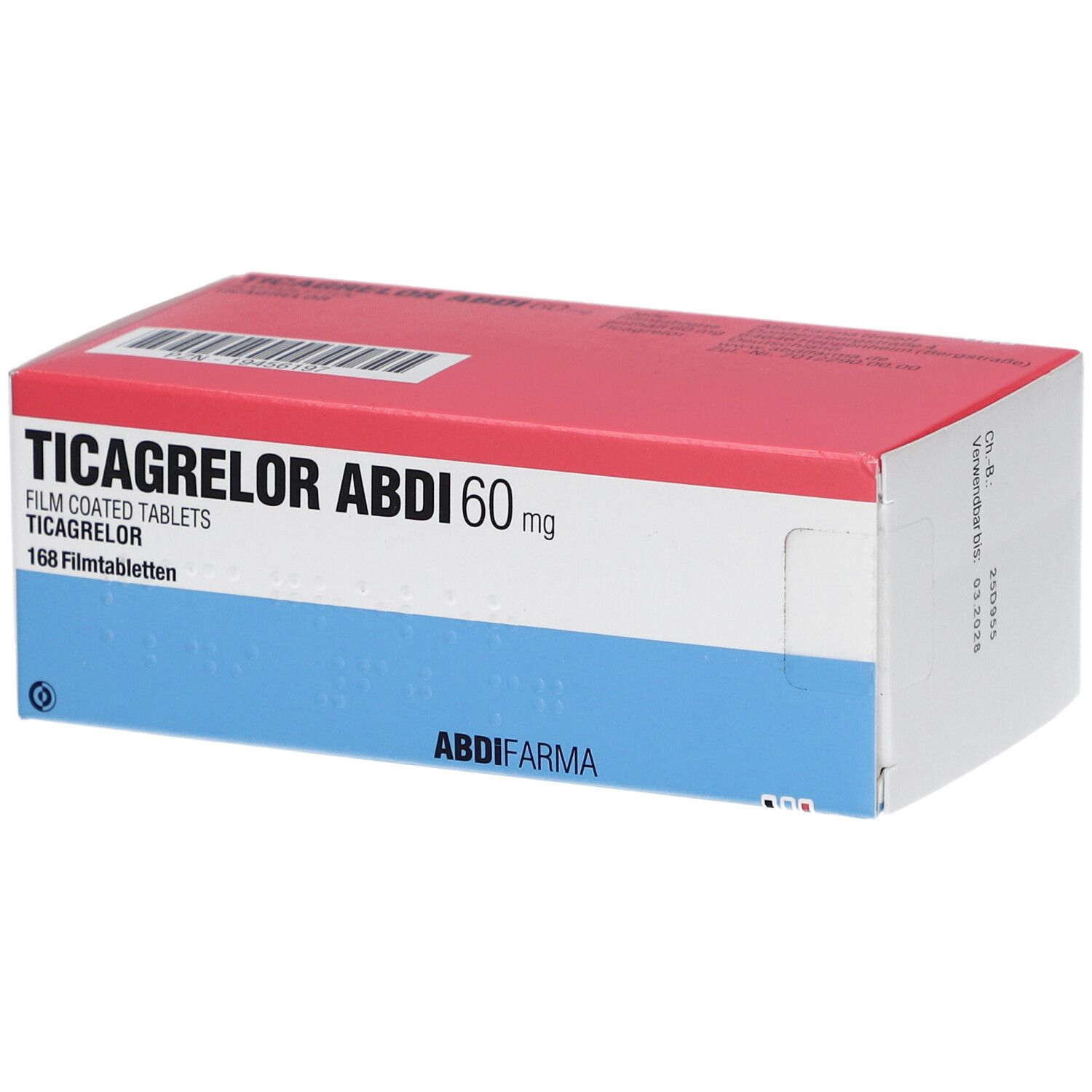 Schachtel TICAGRELOR ABDI 60 mg Filmtabletten. Rote und blaue Verpackung. Aufschrift: 168 Filmtabletten.