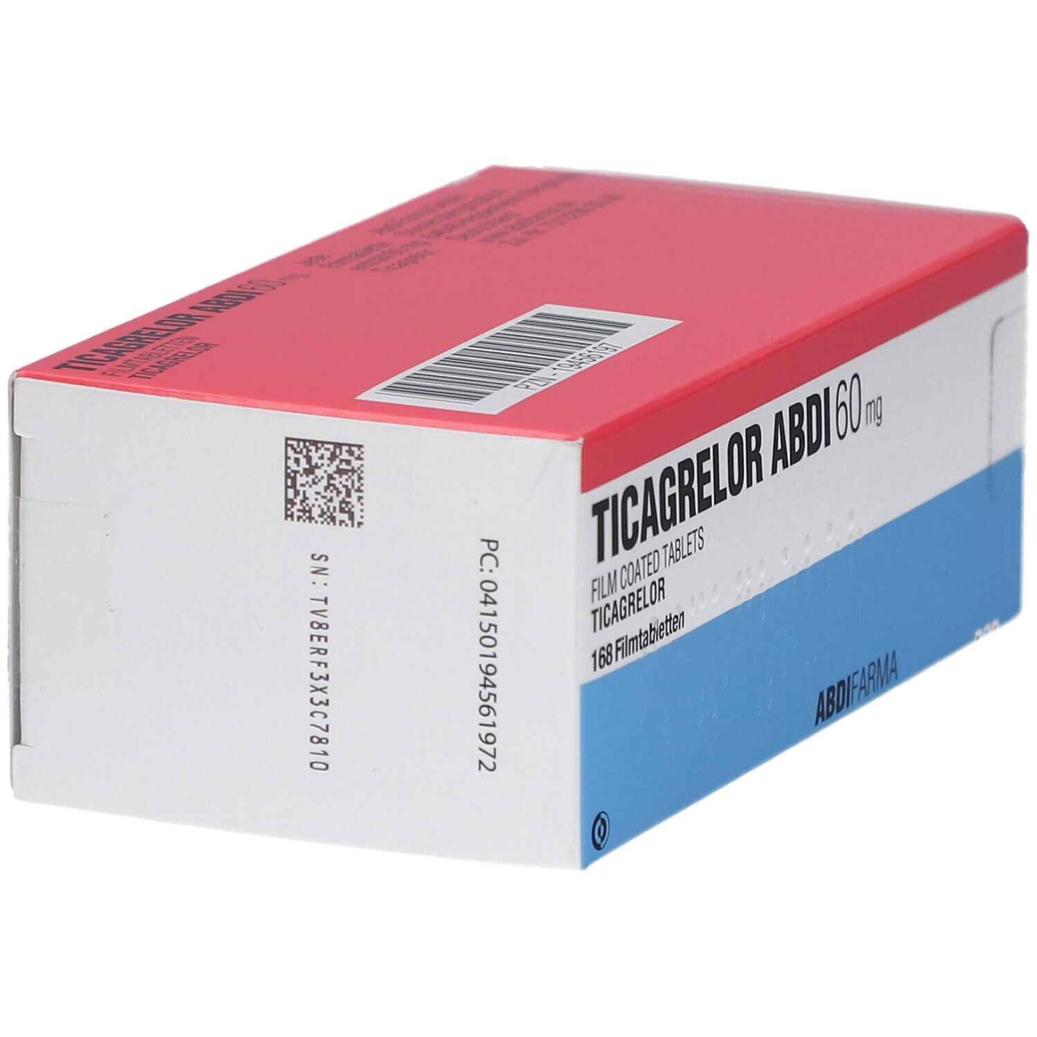 Schachtel TICAGRELOR ABDI 60 mg. Rote und blaue Verpackung. Aufschrift: 168 Filmtabletten. Mit Barcode und QR-Code.