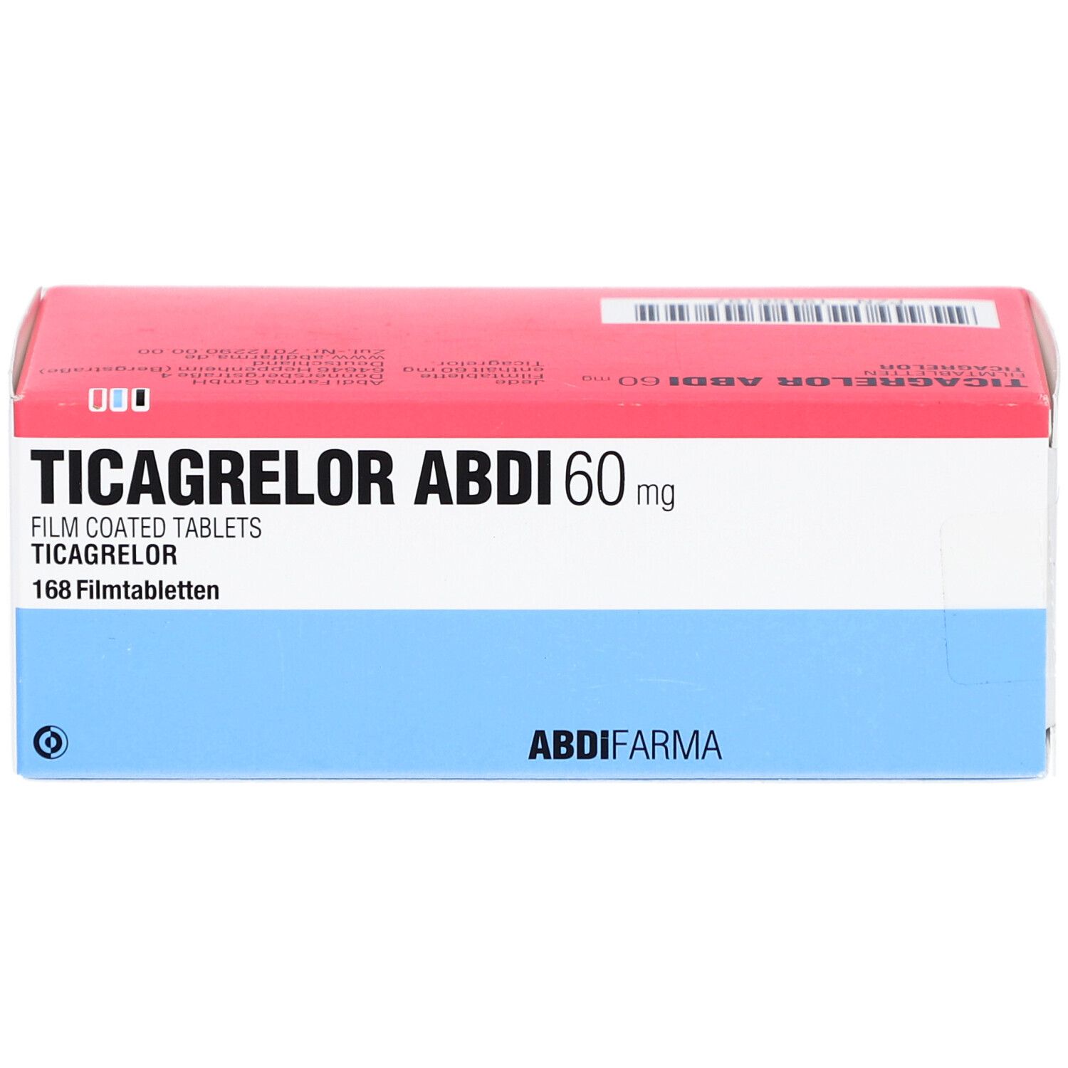 Schachtel TICAGRELOR ABDI 60 mg Filmtabletten. Rote und blaue Verpackung. Aufschrift: 168 Filmtabletten.