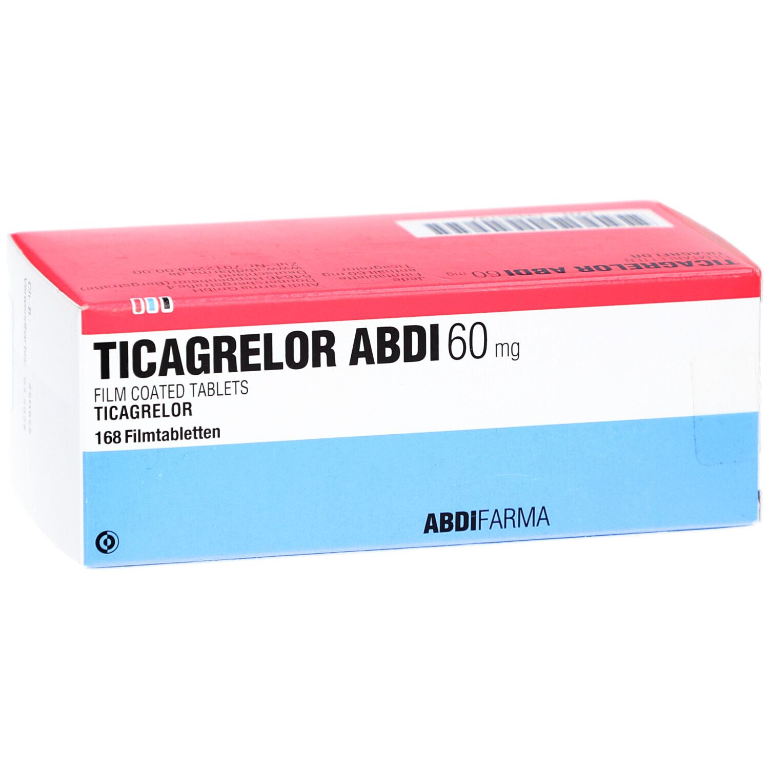 Schachtel TICAGRELOR ABDI 60 mg Filmtabletten. Rote und blaue Verpackung. Aufschrift: 168 Filmtabletten.