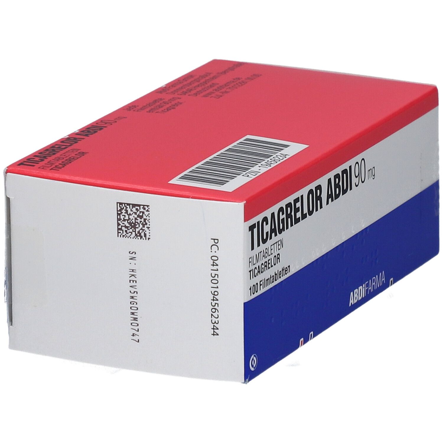 Verpackung von TICAGRELOR ABDI 90 mg. Rote und blaue Schachtel mit Barcode und Produktinformationen.