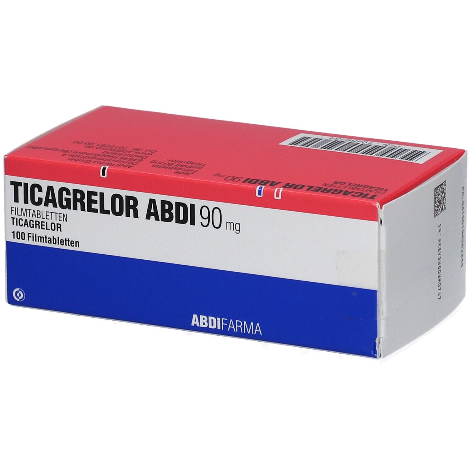 Schachtel mit TICAGRELOR ABDI 90 mg Filmtabletten. Rote und blaue Verpackung mit Produktnamen und Dosierung.