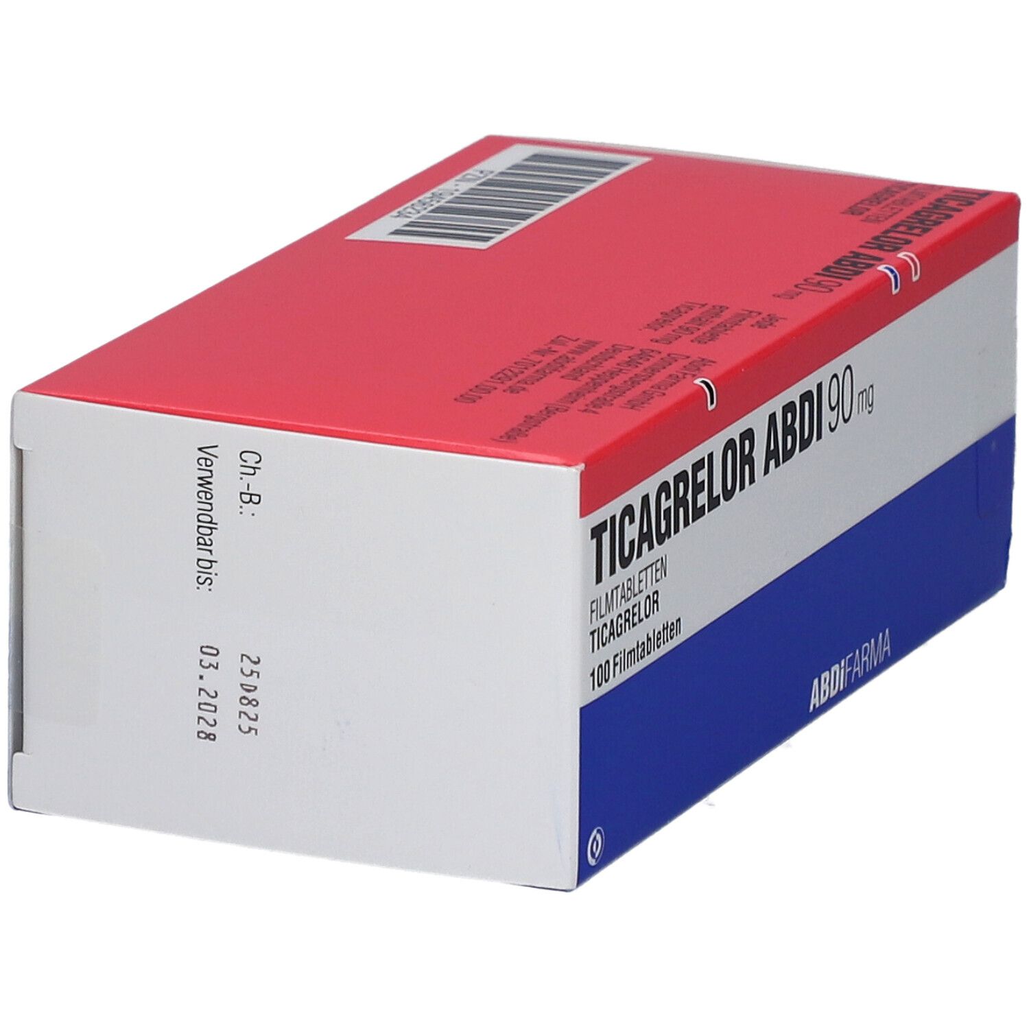 Verpackung von TICAGRELOR ABDI 90 mg. Rote und blaue Schachtel mit Verfallsdatum und Produktinformationen.