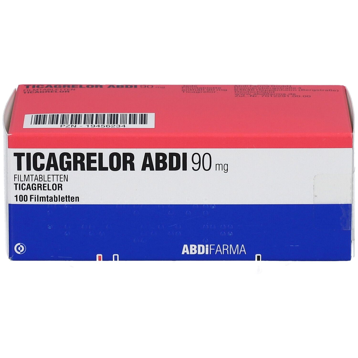 Schachtel mit TICAGRELOR ABDI 90 mg Filmtabletten. Rote und blaue Verpackung mit Produktnamen und Dosierung.