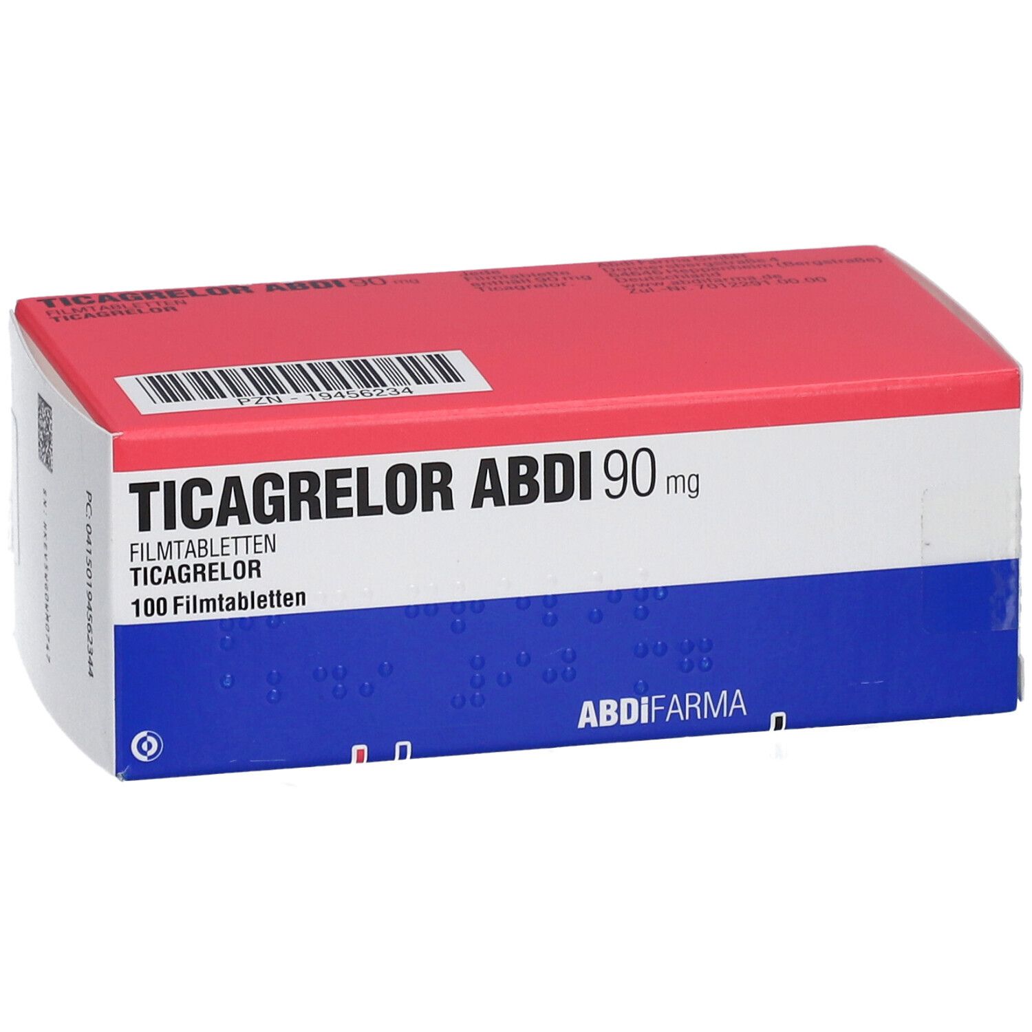 Schachtel mit TICAGRELOR ABDI 90 mg Filmtabletten. Rote und blaue Verpackung mit Produktnamen und Dosierung.