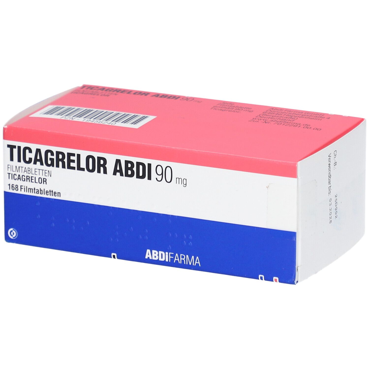 Schachtel TICAGRELOR ABDI 90 mg Filmtabletten. Rot-weiß-blaue Verpackung. Aufschrift: 168 Filmtabletten.