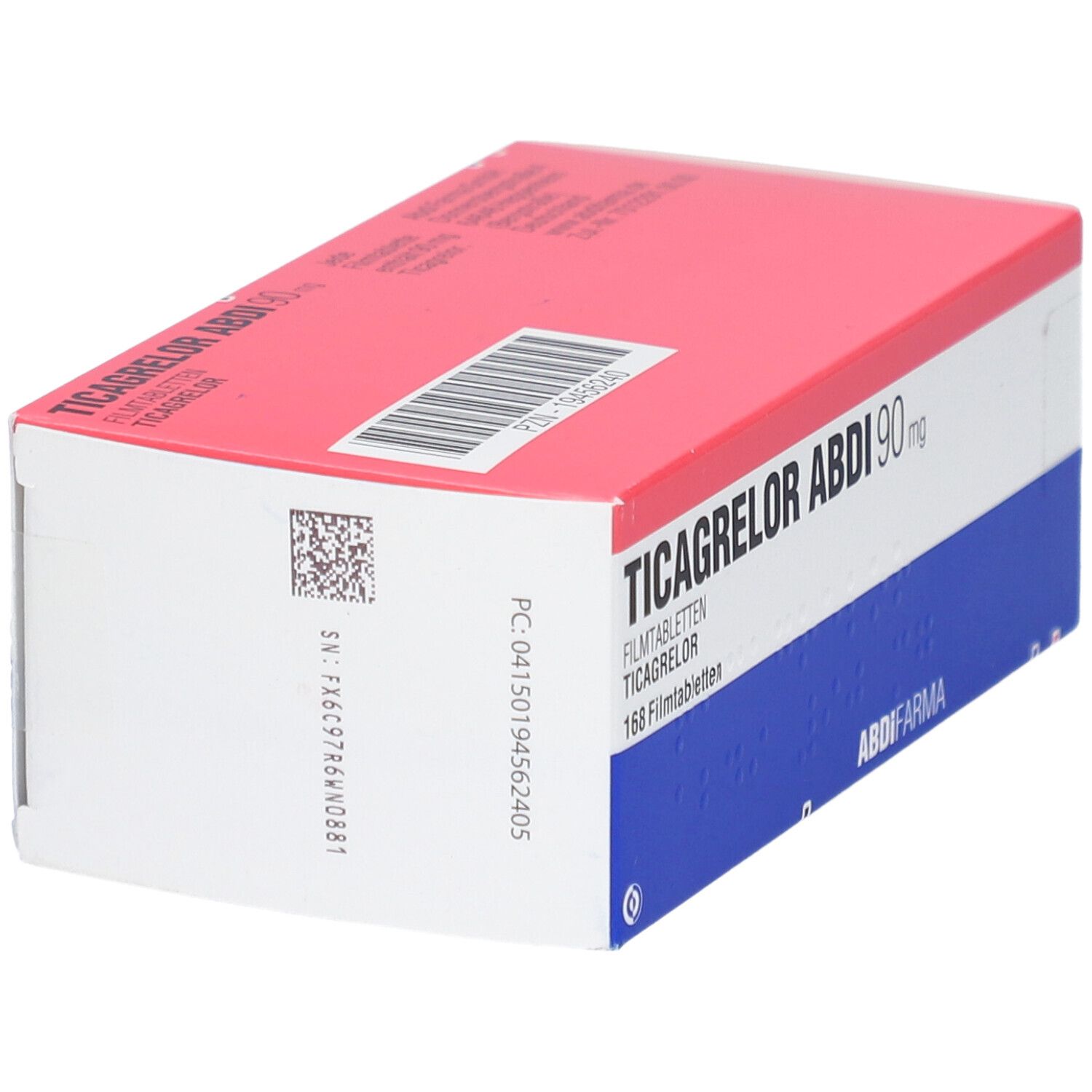 Schachtel TICAGRELOR ABDI 90 mg Filmtabletten. Rot-weiß-blaue Verpackung. Barcode und QR-Code.