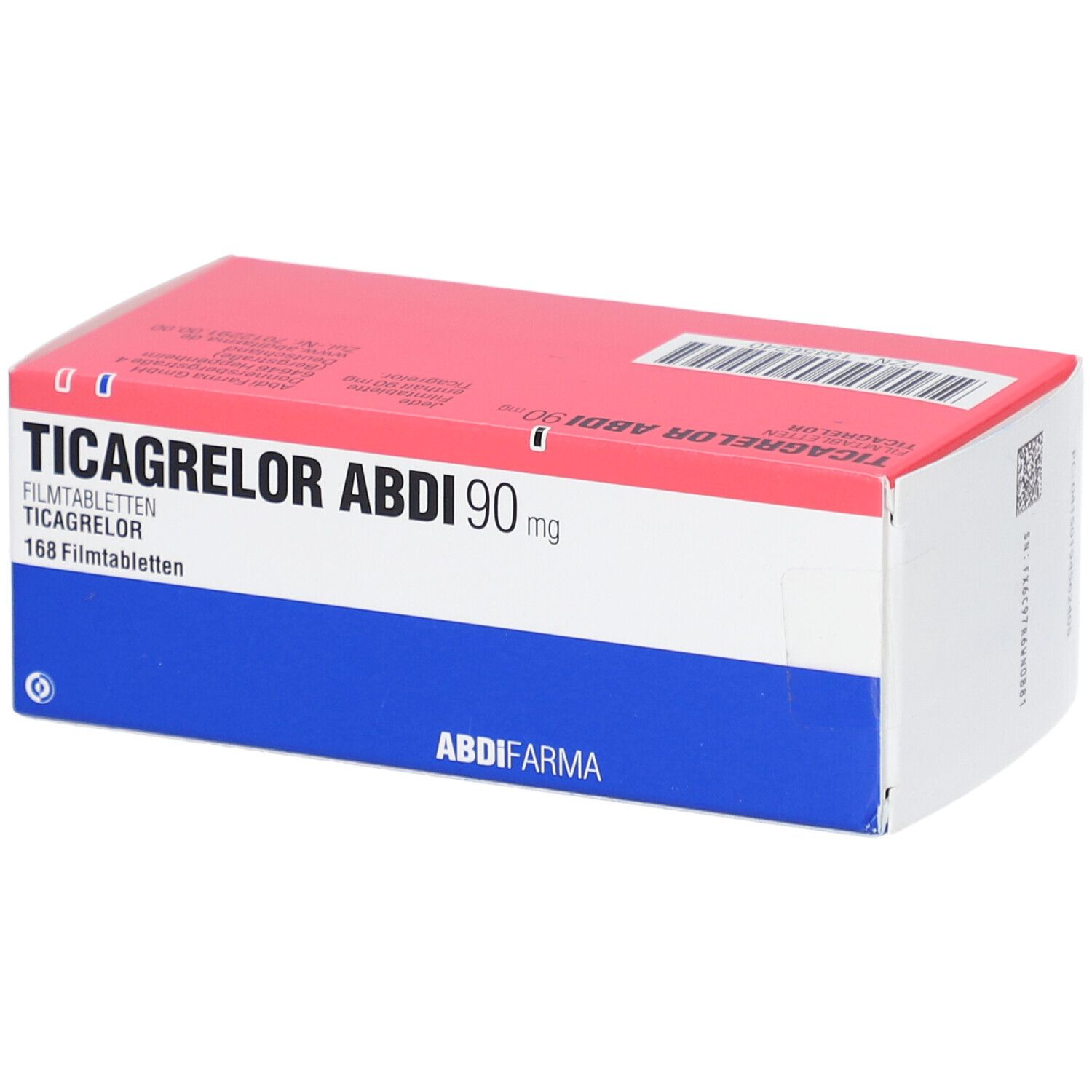 Schachtel TICAGRELOR ABDI 90 mg Filmtabletten. Rot-weiß-blaue Verpackung. Aufschrift: 168 Filmtabletten.