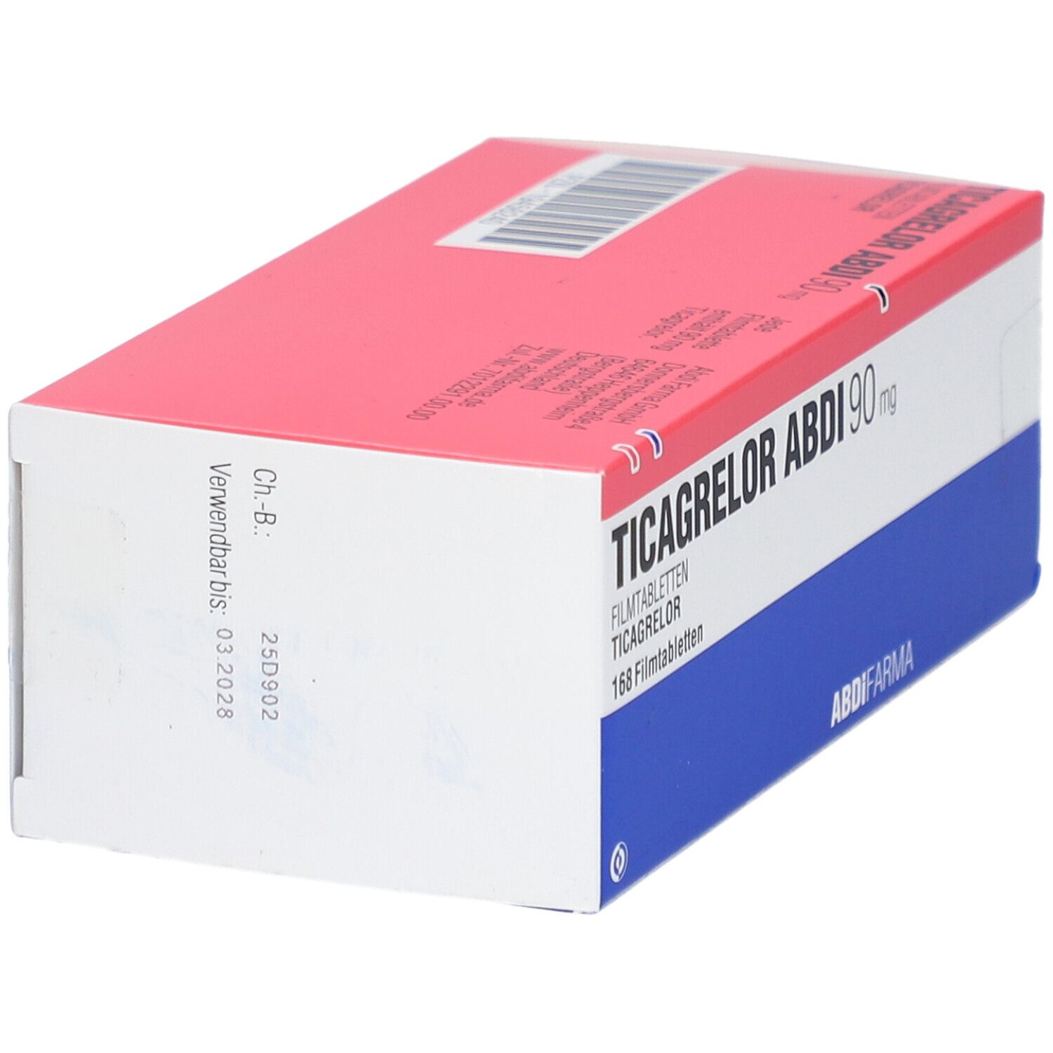 Schachtel TICAGRELOR ABDI 90 mg Filmtabletten. Rot-weiß-blaue Verpackung. Verfallsdatum 03.2026.