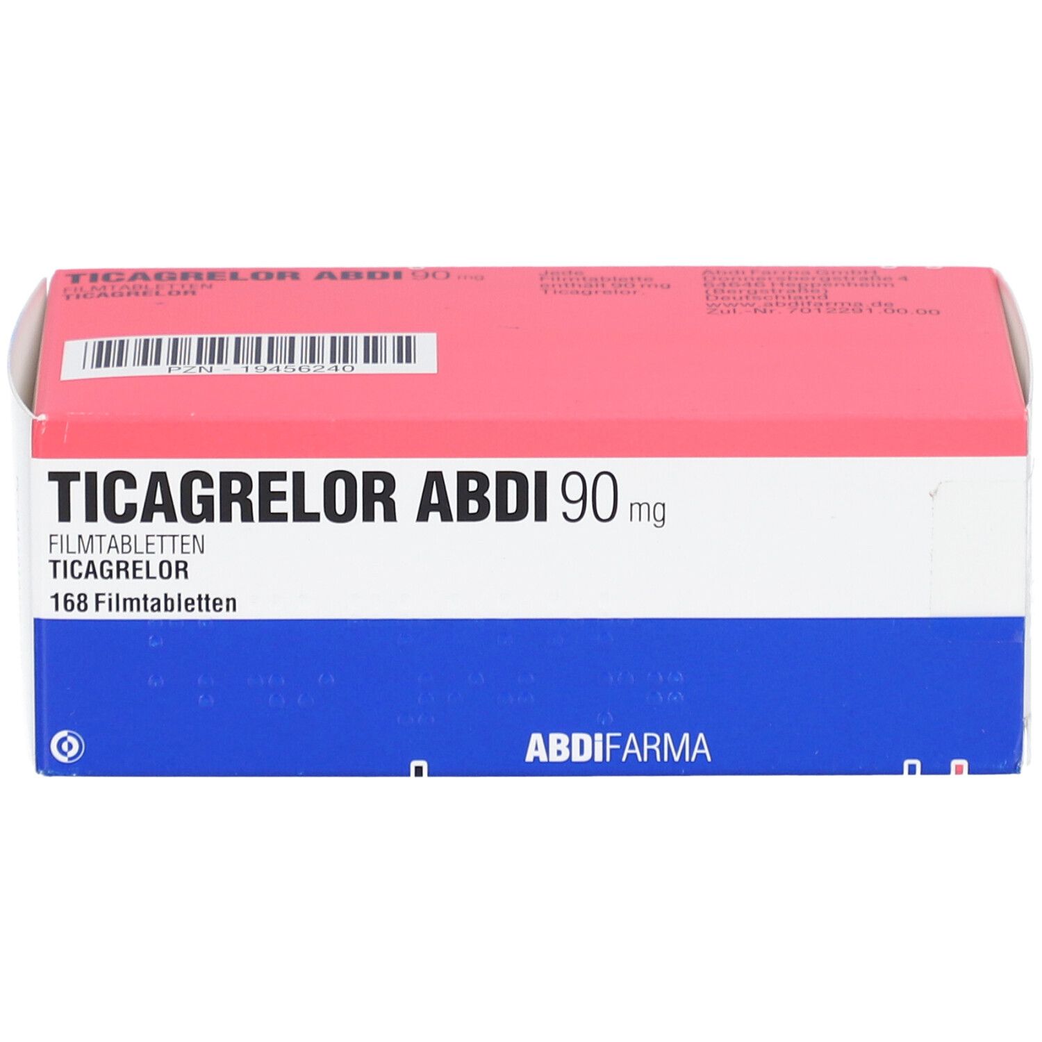 Schachtel TICAGRELOR ABDI 90 mg Filmtabletten. Rot-weiß-blaue Verpackung. Aufschrift: 168 Filmtabletten.