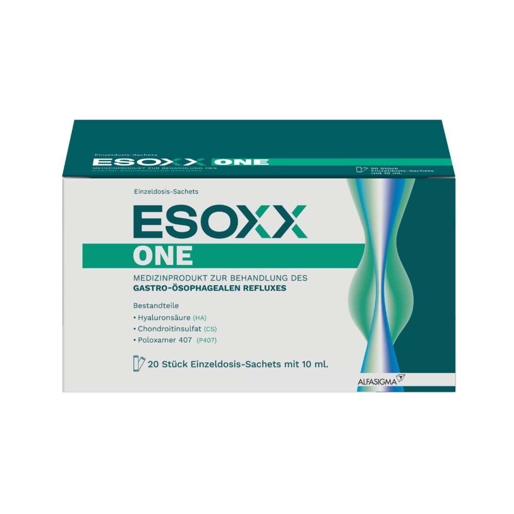 Esoxx One-Verpackung. Grün-weißes Design. Enthält 20 Einzeldosis-Sachets. Text: Esoxx One, Medizinprodukt zur Behandlung von GERD-Symptomen.