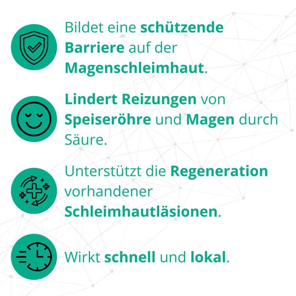 Grafik mit Text: Bildet eine schützende Barriere. Lindert Reizungen. Unterstützt die Regeneration. Wirkt schnell und lokal.