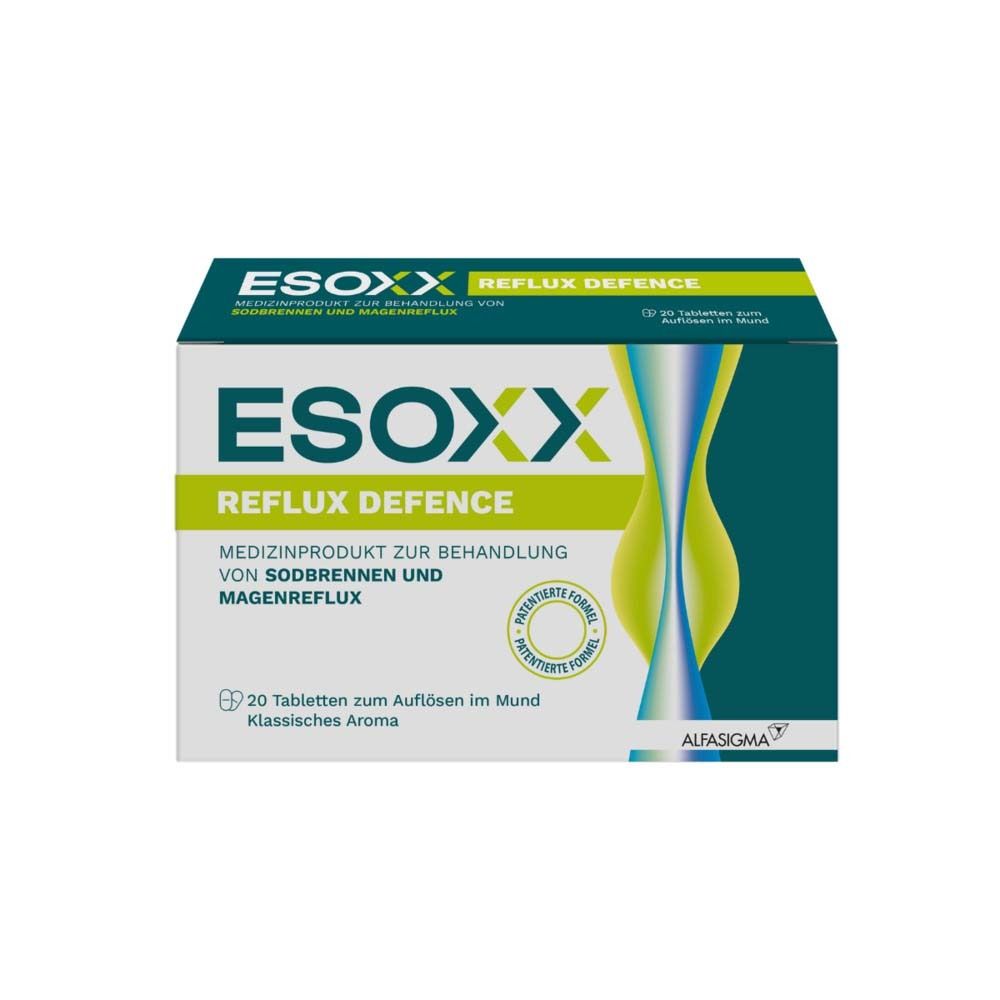 Schachtel mit Esoxx Reflux Defence Kautabletten. Weiß-grüne Verpackung mit Produktnamen und Logo. Enthält 20 Tabletten.