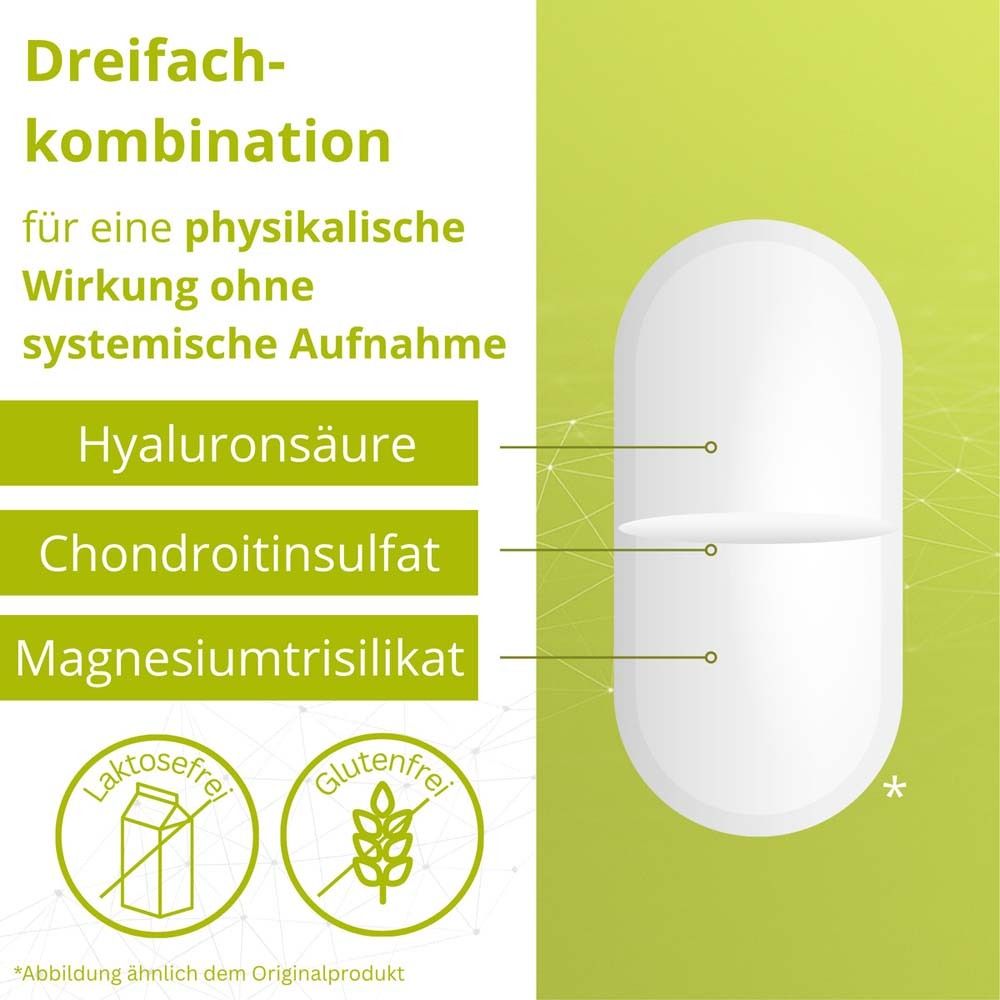 Tablette mit drei Inhaltsstoffen: Hyaluronsäure, Chondroitinsulfat, Magnesiumtrisilikat. Logos: laktosefrei, glutenfrei.