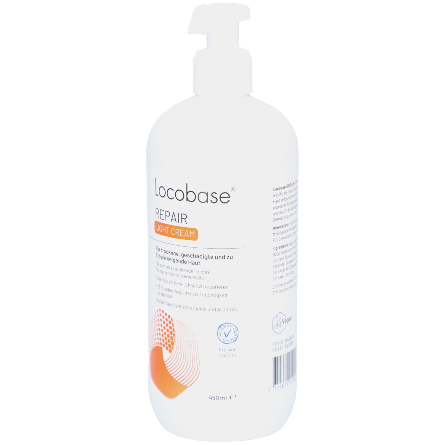 Weiße Flasche mit Pumpverschluss. Aufschrift: Locobase Repair Light Cream. Text für trockene, geschädigte Haut. Mit Logo.