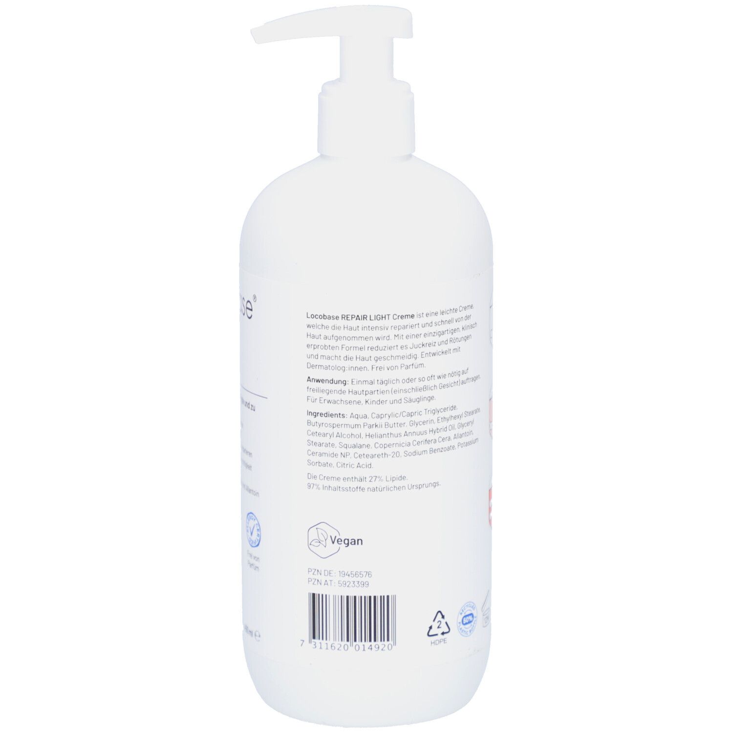 Weiße Flasche mit Pumpverschluss. Text, Inhaltsstoffe und Barcode. Vegan-Logo. Rückseite.