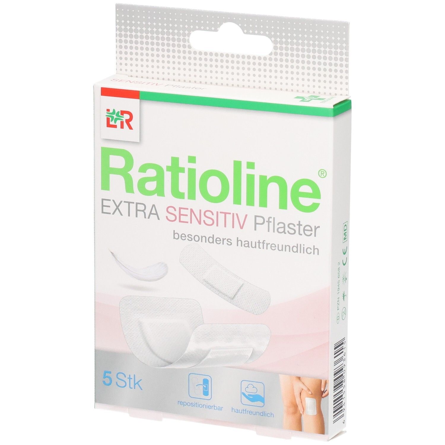 Verpackung von Ratioline® EXTRA SENSITIV Pflaster, 5 Stück. Zeigt drei Pflastergrößen und Hautfreundlichkeitssymbole.
