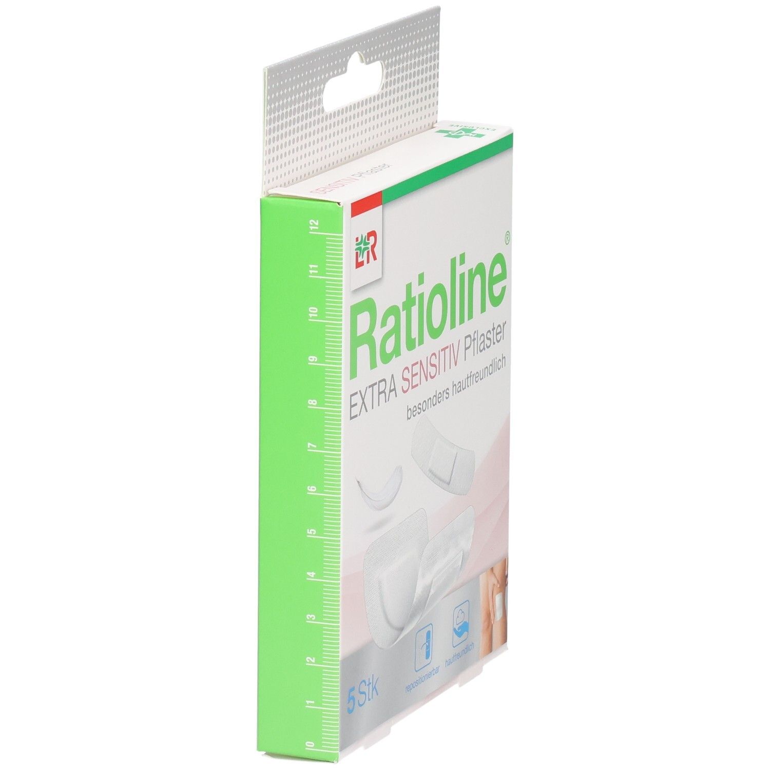 Seitenansicht der Verpackung von Ratioline® EXTRA SENSITIV Pflaster mit Maßstabsmarkierungen.