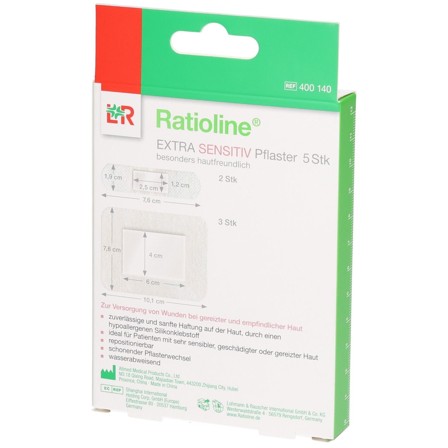 Rückseite der Verpackung von Ratioline® EXTRA SENSITIV Pflaster. Zeigt Pflasterabmessungen, Stückzahl und Produktmerkmale.