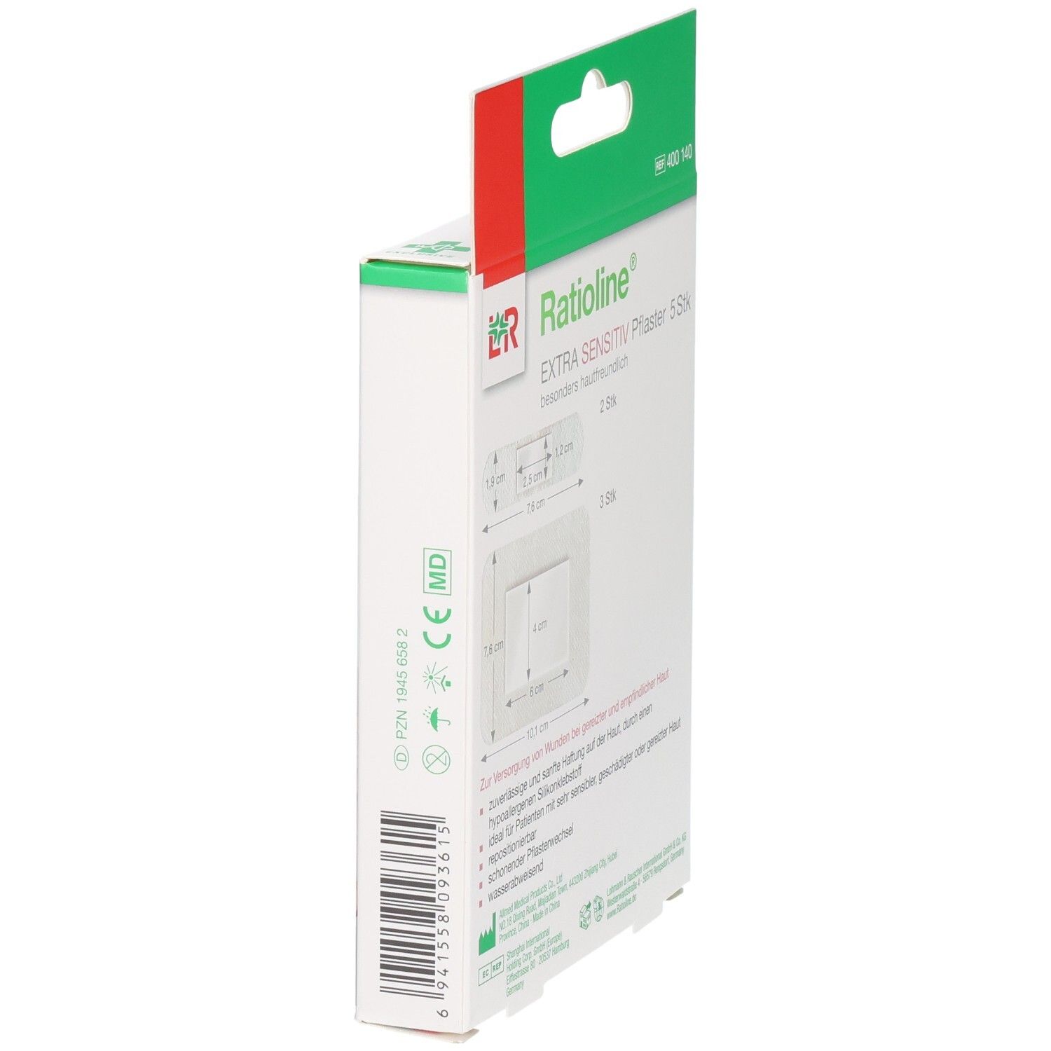 Seitenansicht der Verpackung von Ratioline® EXTRA SENSITIV Pflaster mit CE-Kennzeichnung und MD-Symbol.