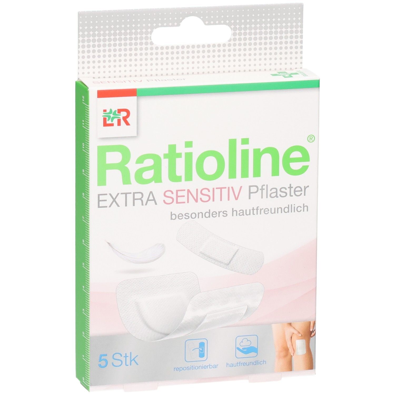 Verpackung von Ratioline® EXTRA SENSITIV Pflaster, 5 Stück. Zeigt drei Pflastergrößen und Hautfreundlichkeitssymbole.