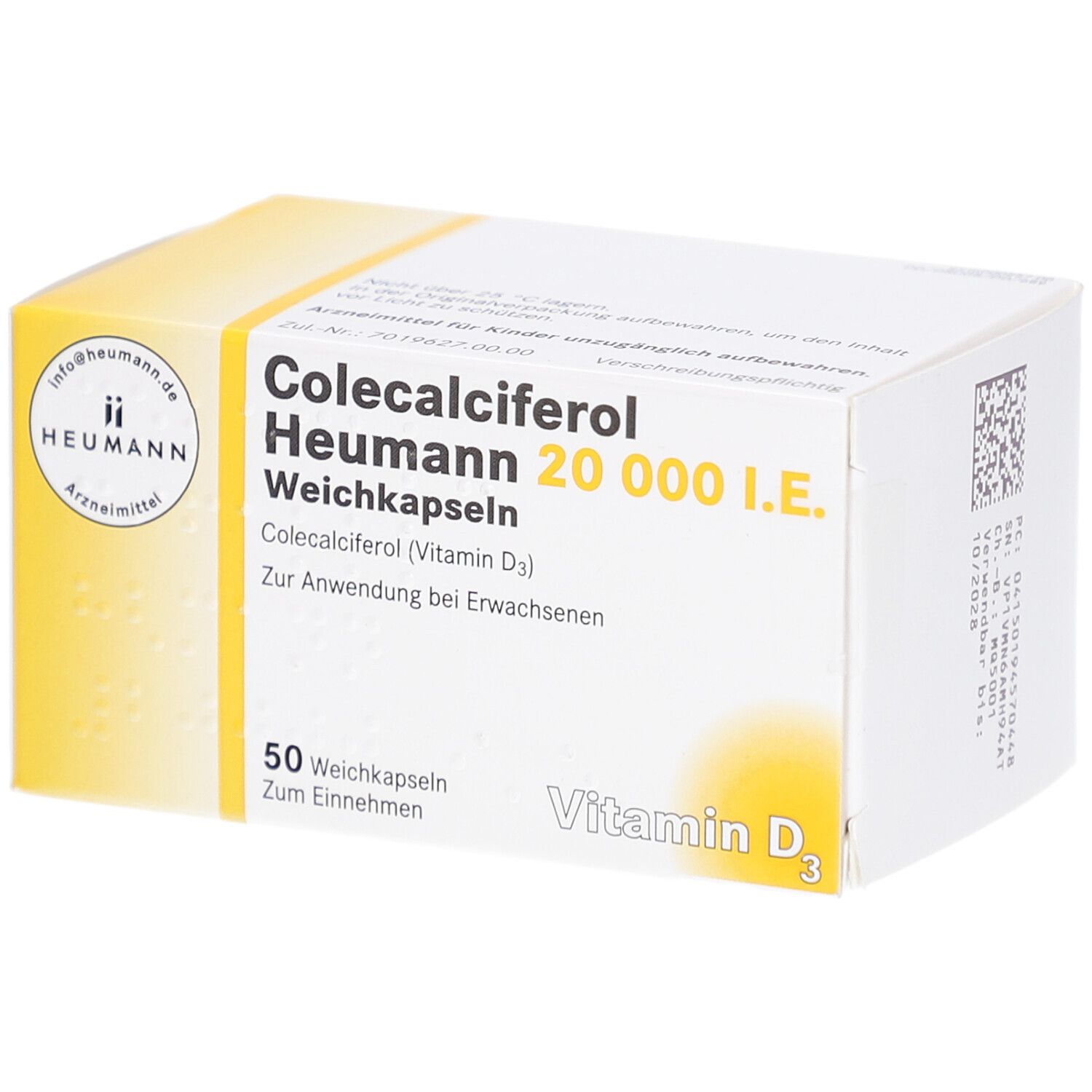 Verpackung von Colecalciferol Heumann 20.000 I.E. Weichkapseln. Weißer Karton mit gelben Akzenten. Aufschrift: 50 Weichkapseln. Vitamin D3.