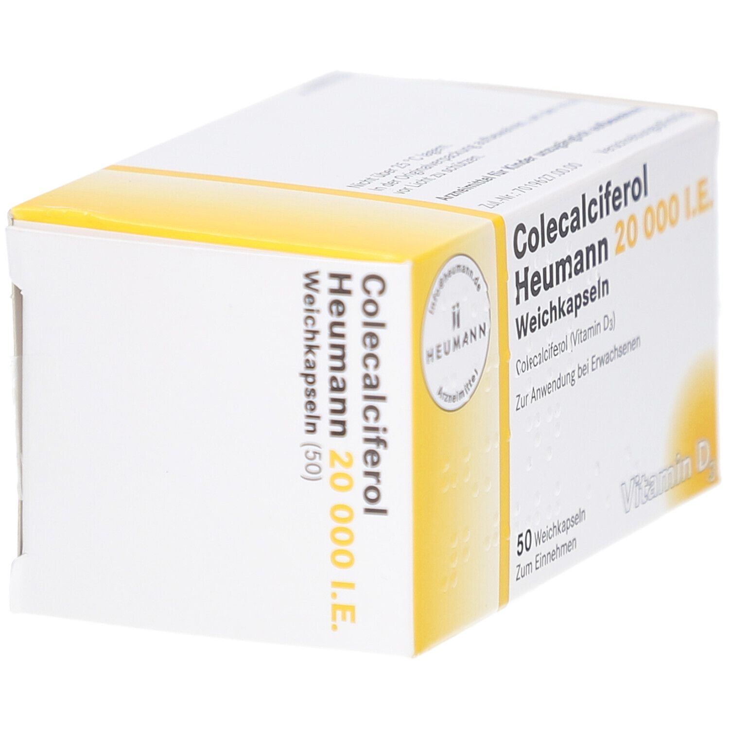Seitenansicht der Verpackung von Colecalciferol Heumann 20.000 I.E. Weichkapseln. Weißer Karton mit gelben Akzenten. Aufschrift.