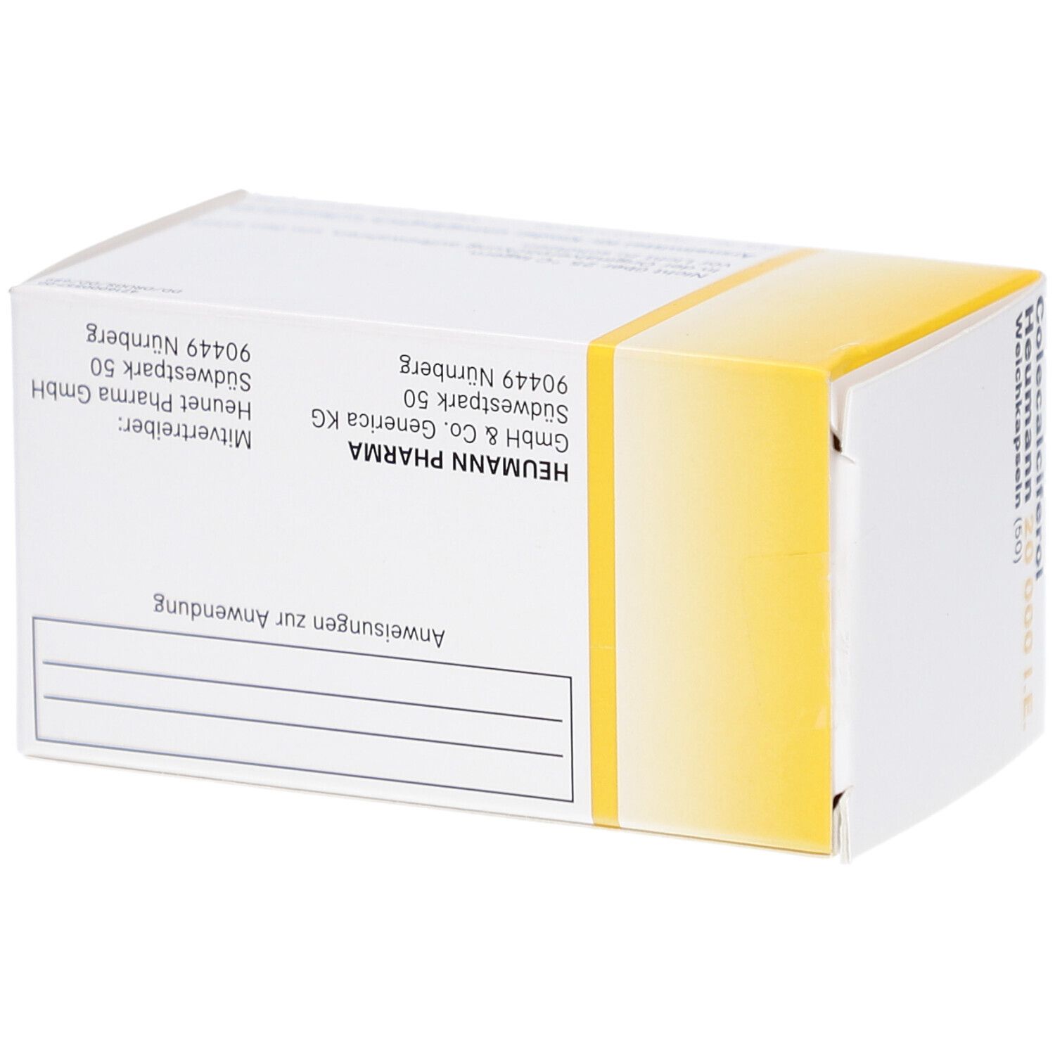 Rückseite der Verpackung von Colecalciferol Heumann 20.000 I.E. Weichkapseln. Weißer Karton mit gelben Akzenten. Informationen und Anweisungen.
