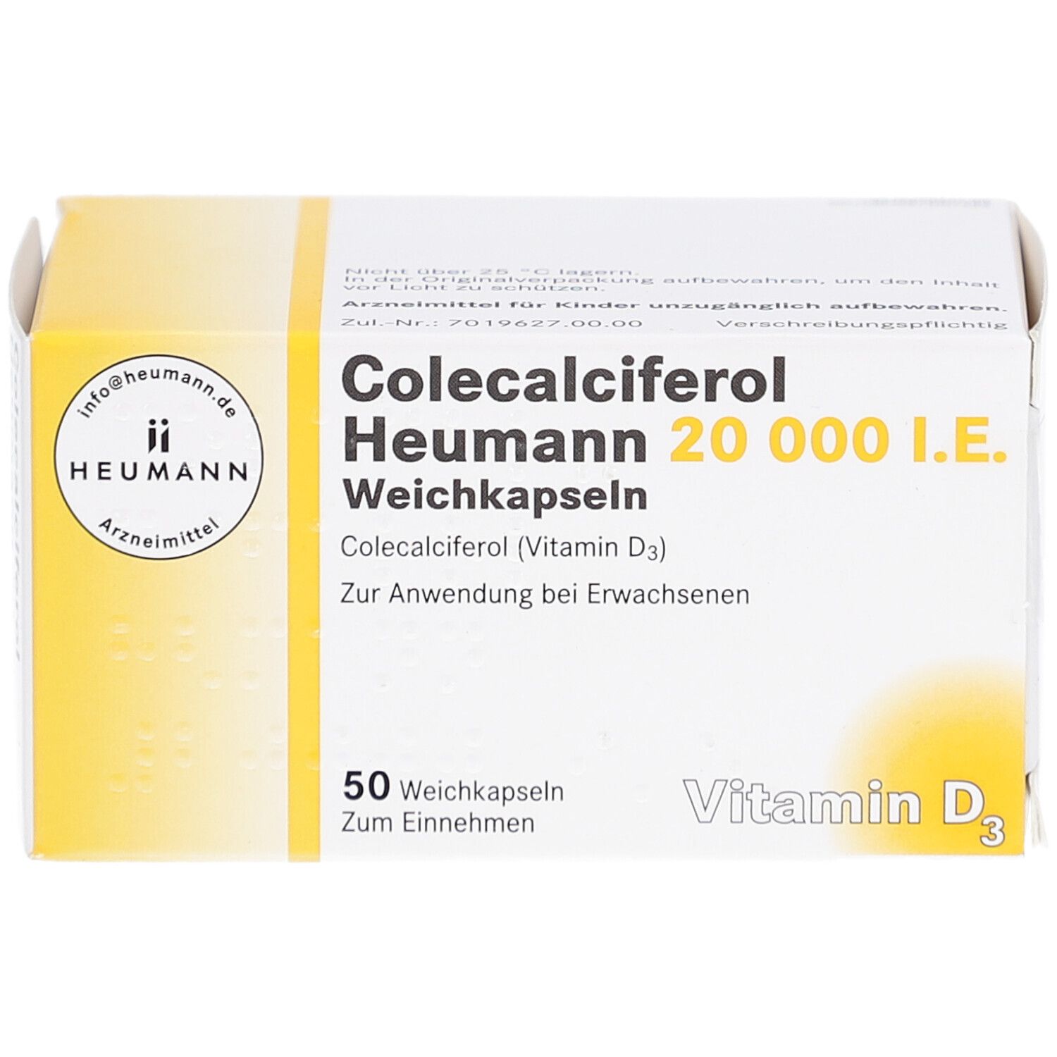 Geöffnete Verpackung von Colecalciferol Heumann 20.000 I.E. Weichkapseln. Weißer Karton mit gelben Akzenten. Aufschrift: 50 Weichkapseln. Vitamin D3.