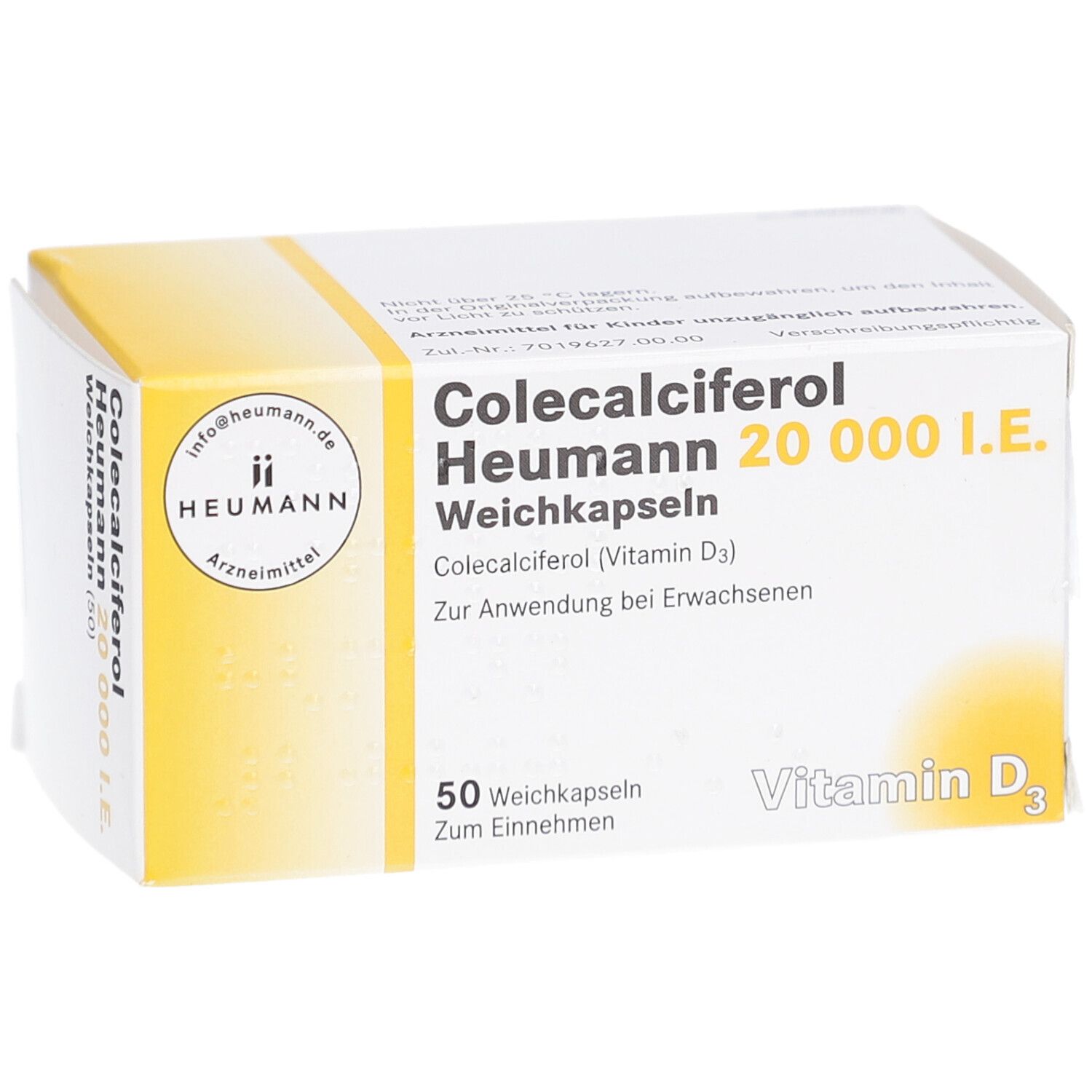 Geöffnete Verpackung von Colecalciferol Heumann 20.000 I.E. Weichkapseln. Weißer Karton mit gelben Akzenten. Aufschrift: 50 Weichkapseln. Vitamin D3.
