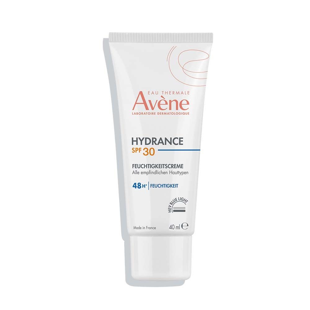 Weiße Tube mit Avène Hydrance SPF 30. Text und Logo sichtbar. 40ml.