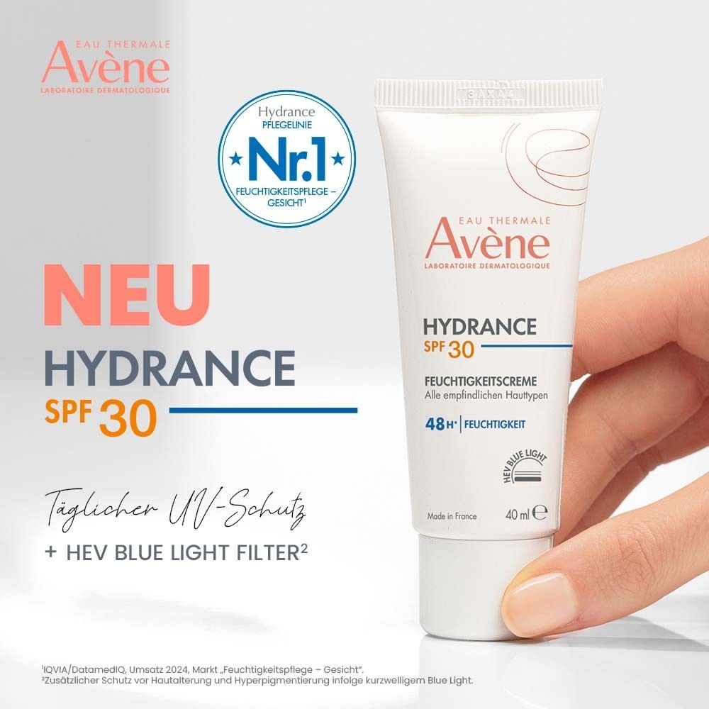 Tube Avène Hydrance SPF 30. Text: Neu Hydrance SPF 30. Nr.1 Feuchtigkeitspflege Gesicht.