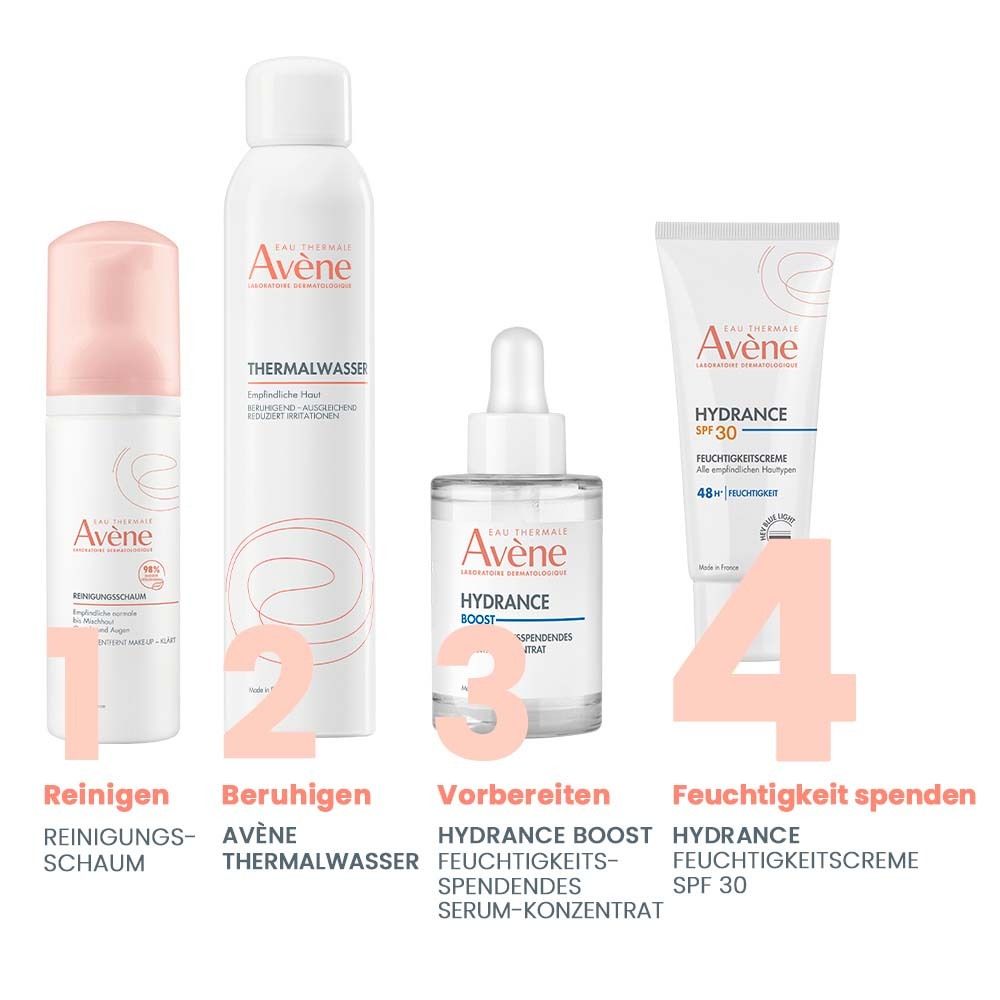 Vier Produkte: Reinigungsschaum, Thermalwasser, Serum, Hydrance Feuchtigkeitscreme SPF 30.